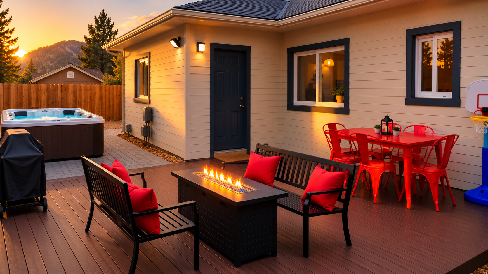 Private deck with hot tub, fire table, and sunset dining vibes