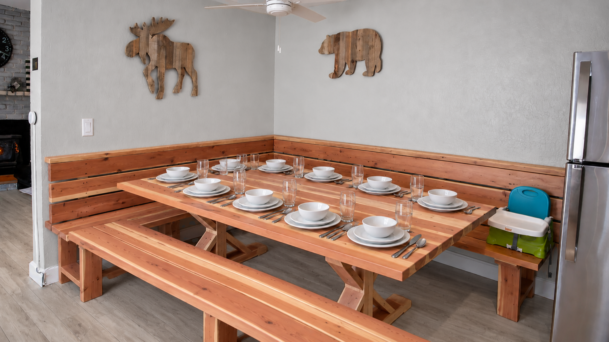 Rustic dining nook with seating for 8—perfect for family meals