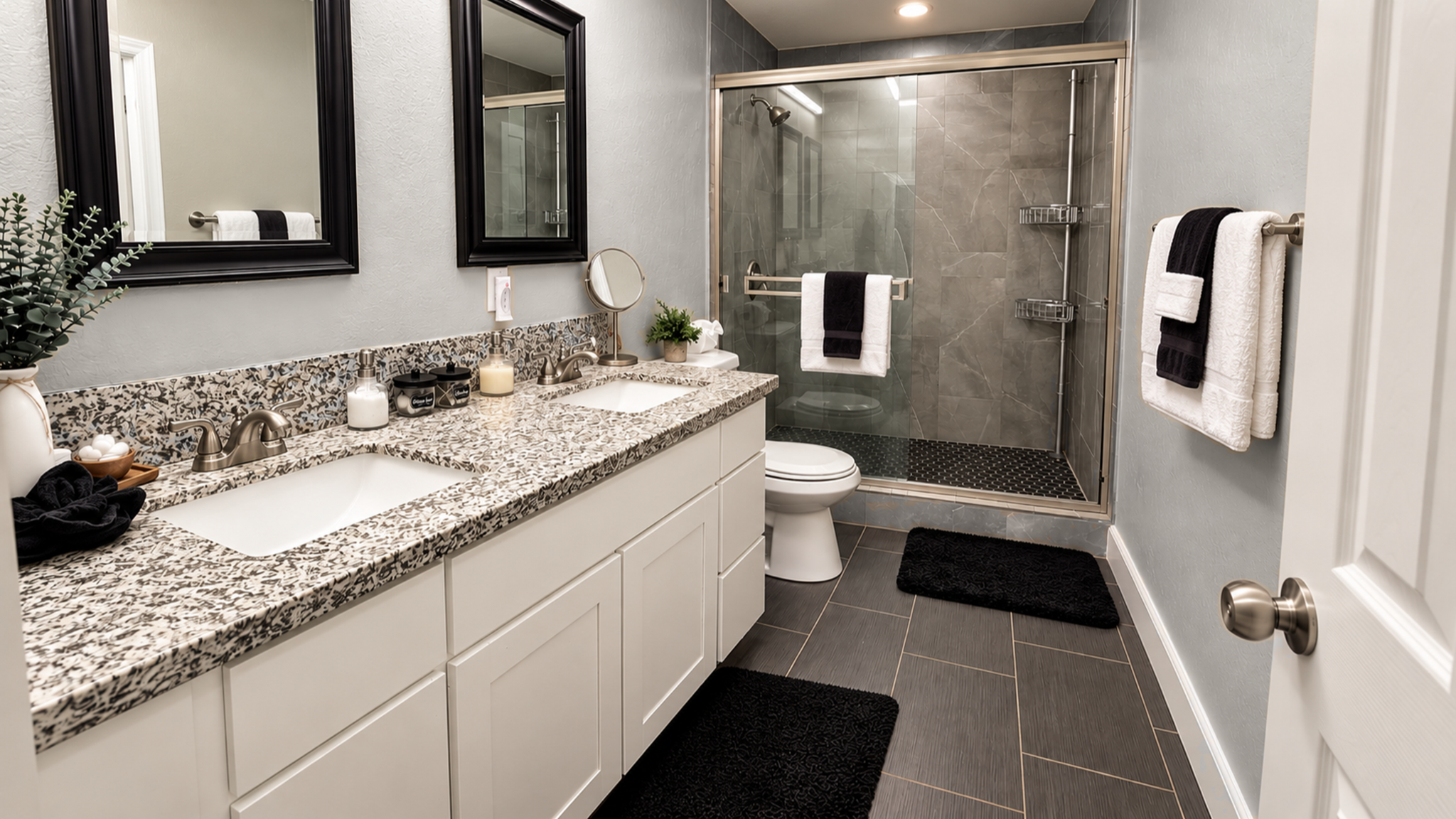 Modern spa-like bathroom with dual vanity and glass walk-in shower