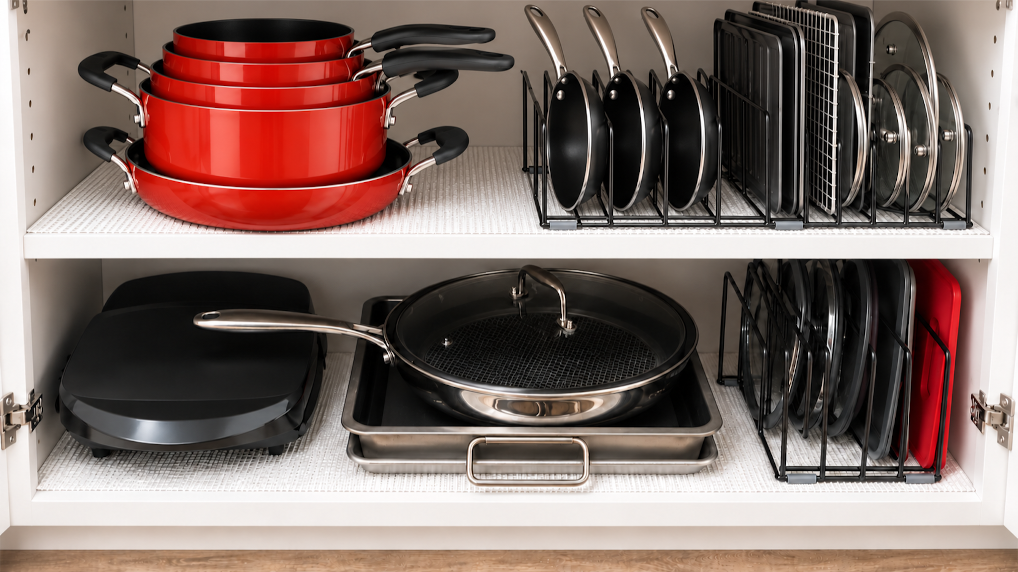 Well-stocked kitchen with organized pots, pans, bakeware, and grill