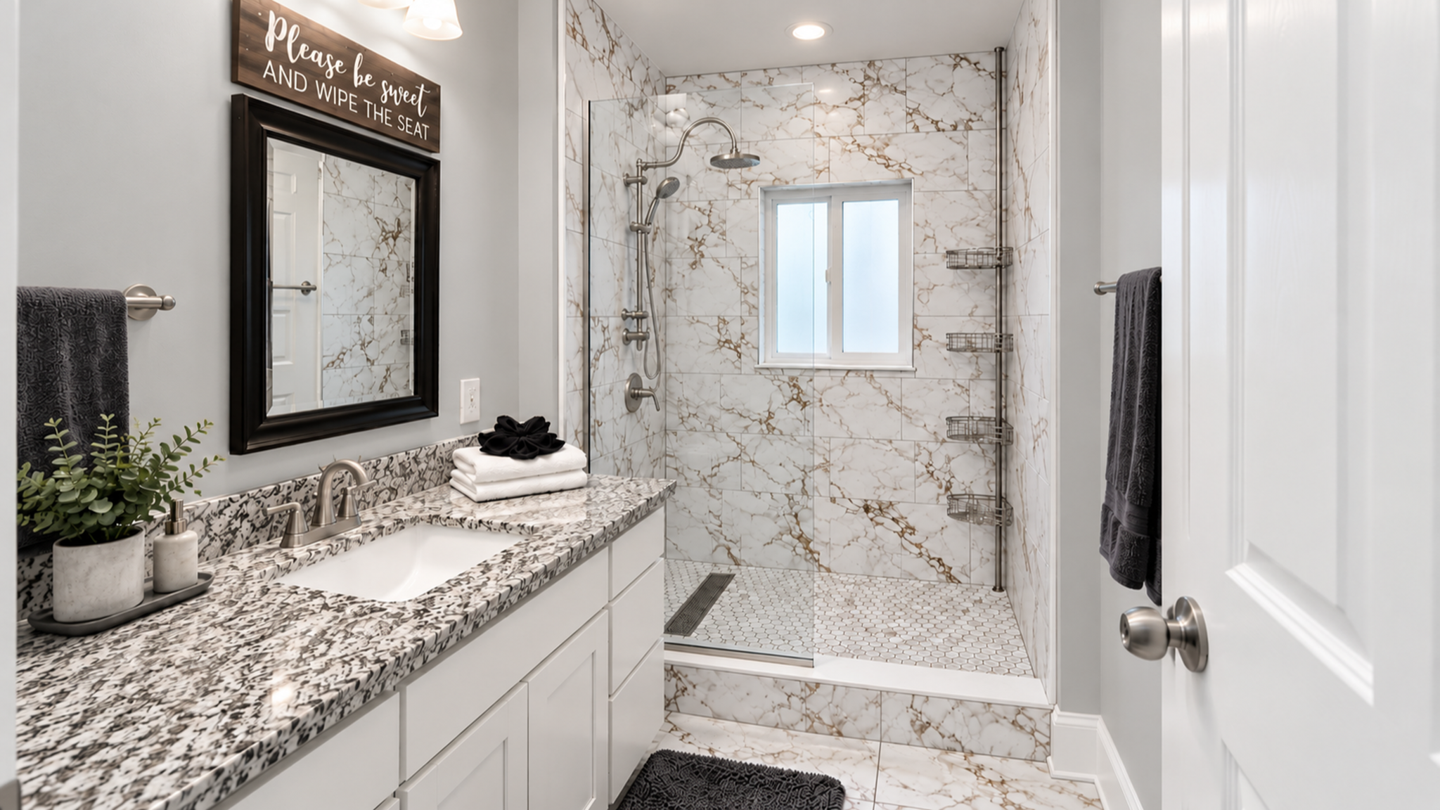 Bright spa-style bathroom with granite vanity and large tiled shower