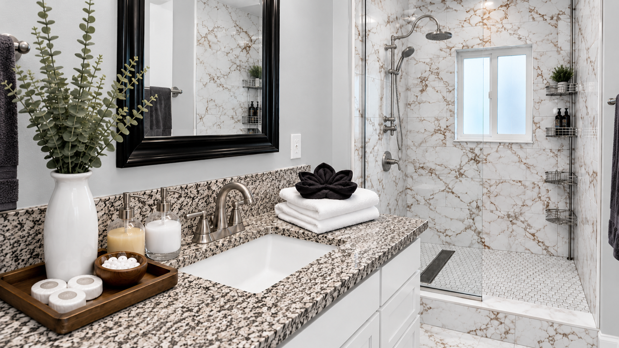 Spa-like bathroom with granite vanity and bright walk-in rain shower