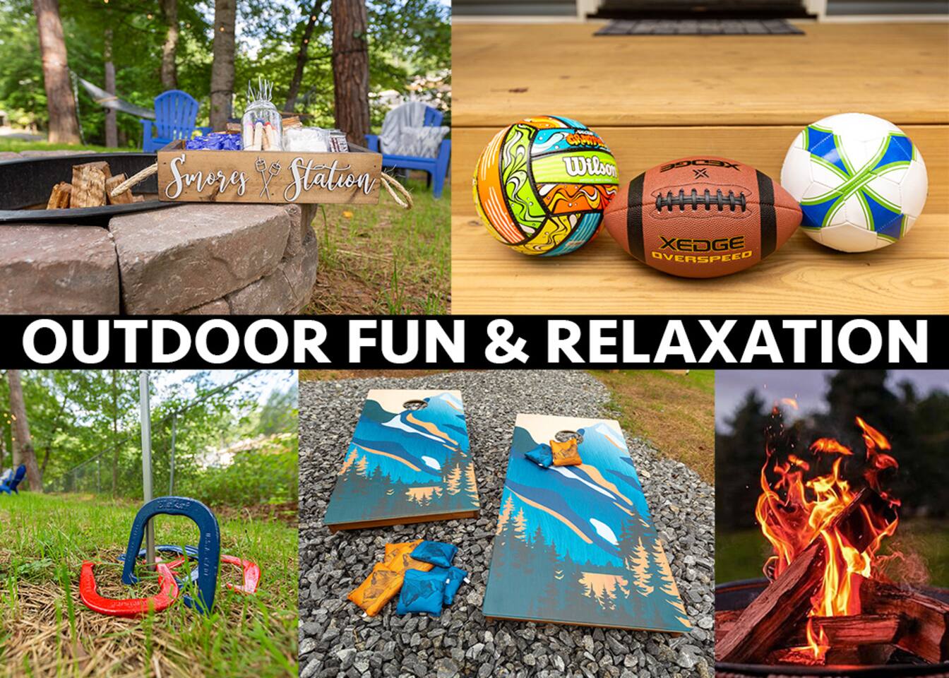 Tons of fun included in this home. Smores station with provided smores, volleyball, football, soccerball, and frisbee, Horseshoes, Cornhole, and Fireplace, Firewood for sale on property.