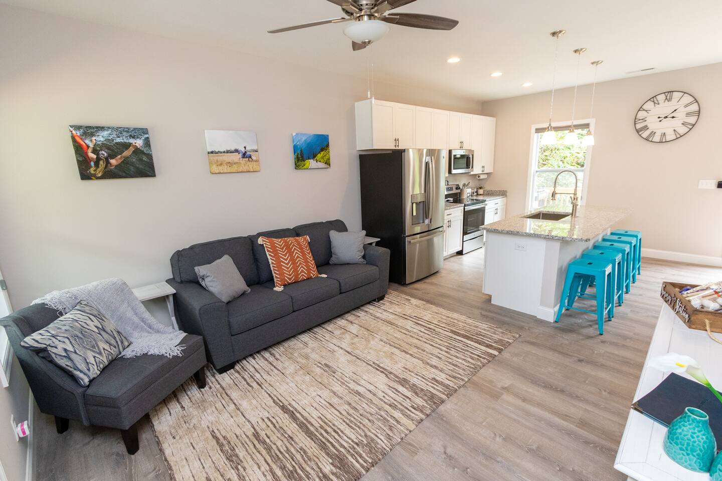 First floor, living, and kitchen area.