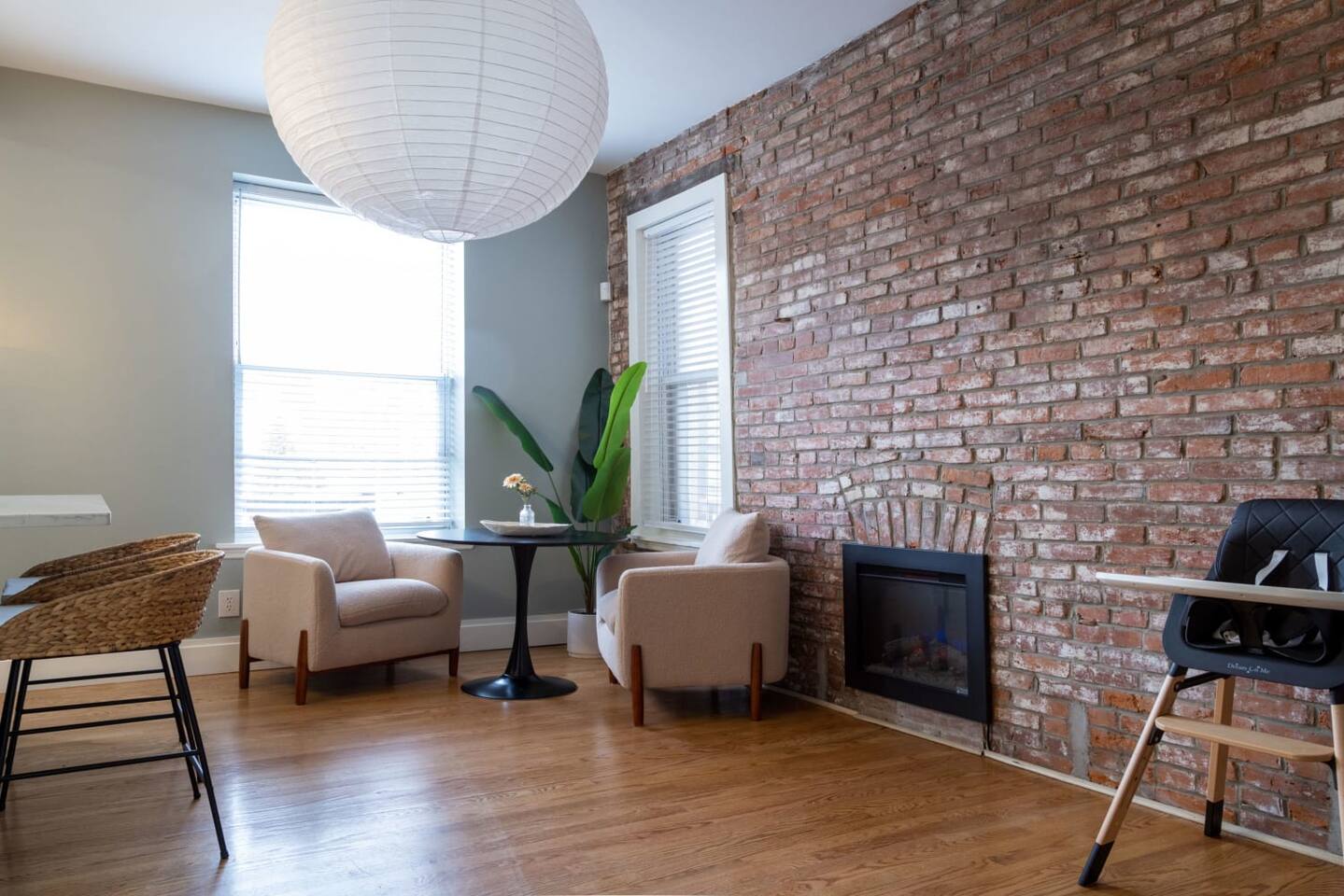 Sit by the electric fireplace and enjoy your breakfast coffee