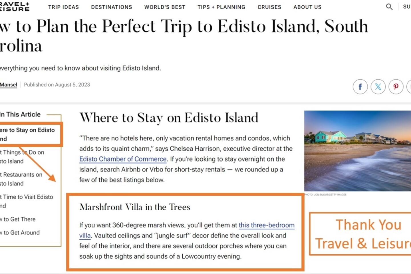 We're flattered to be named by Travel & Leisure Magazine as one of the 5 BEST LISTINGS in EDISTO! Thank You to all our fabulous guests & T&L's journalists!
