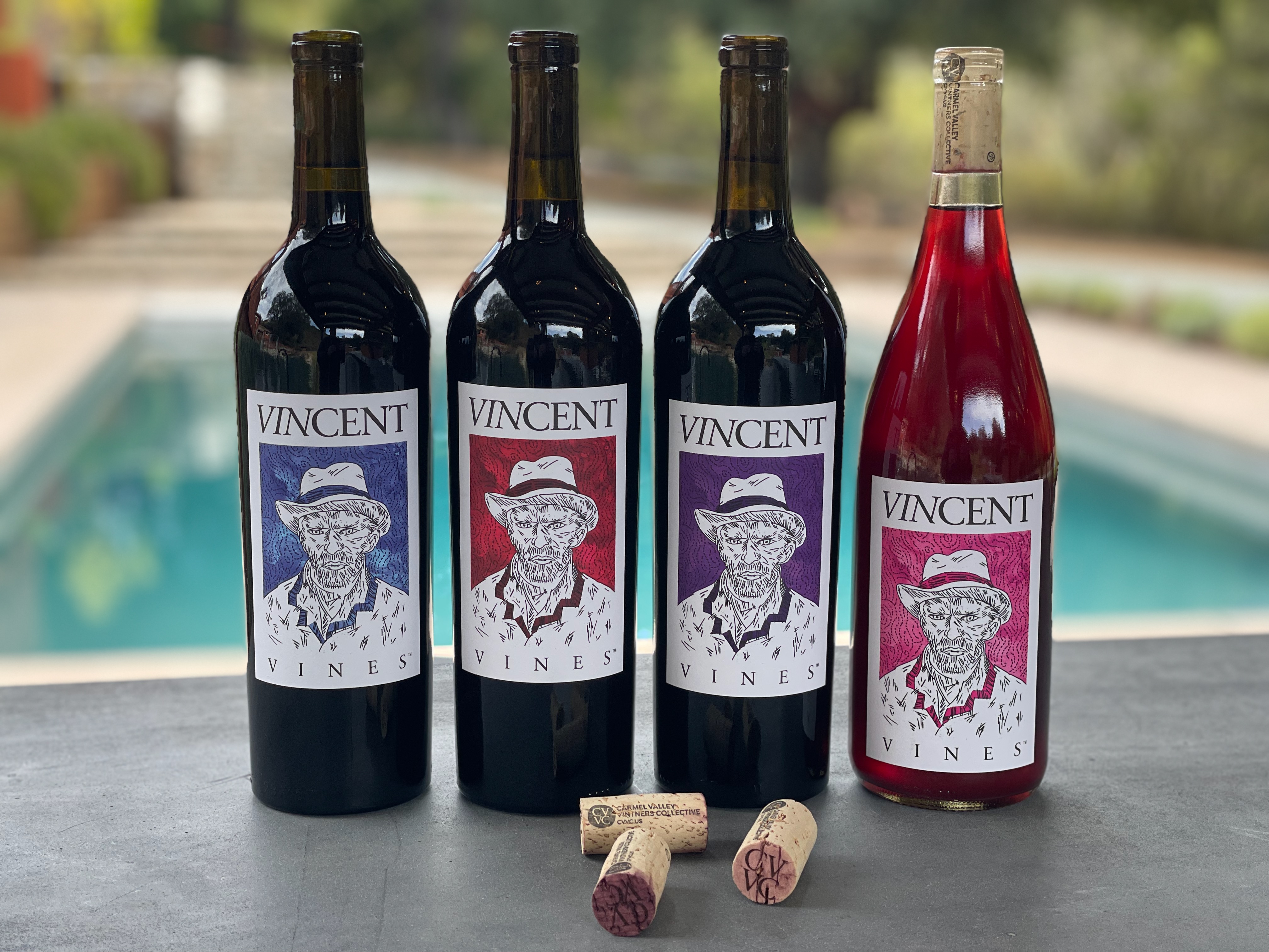 Our VINCENT VINES Estate Merlot, grown in the on-site vineyard, along with our Cabernet Sauvignon, Petite Sirah, and Rosé of Petite Sirah from neighboring vineyards. Guests 21+ can buy bottles from our self-service wine fridge in the garage.