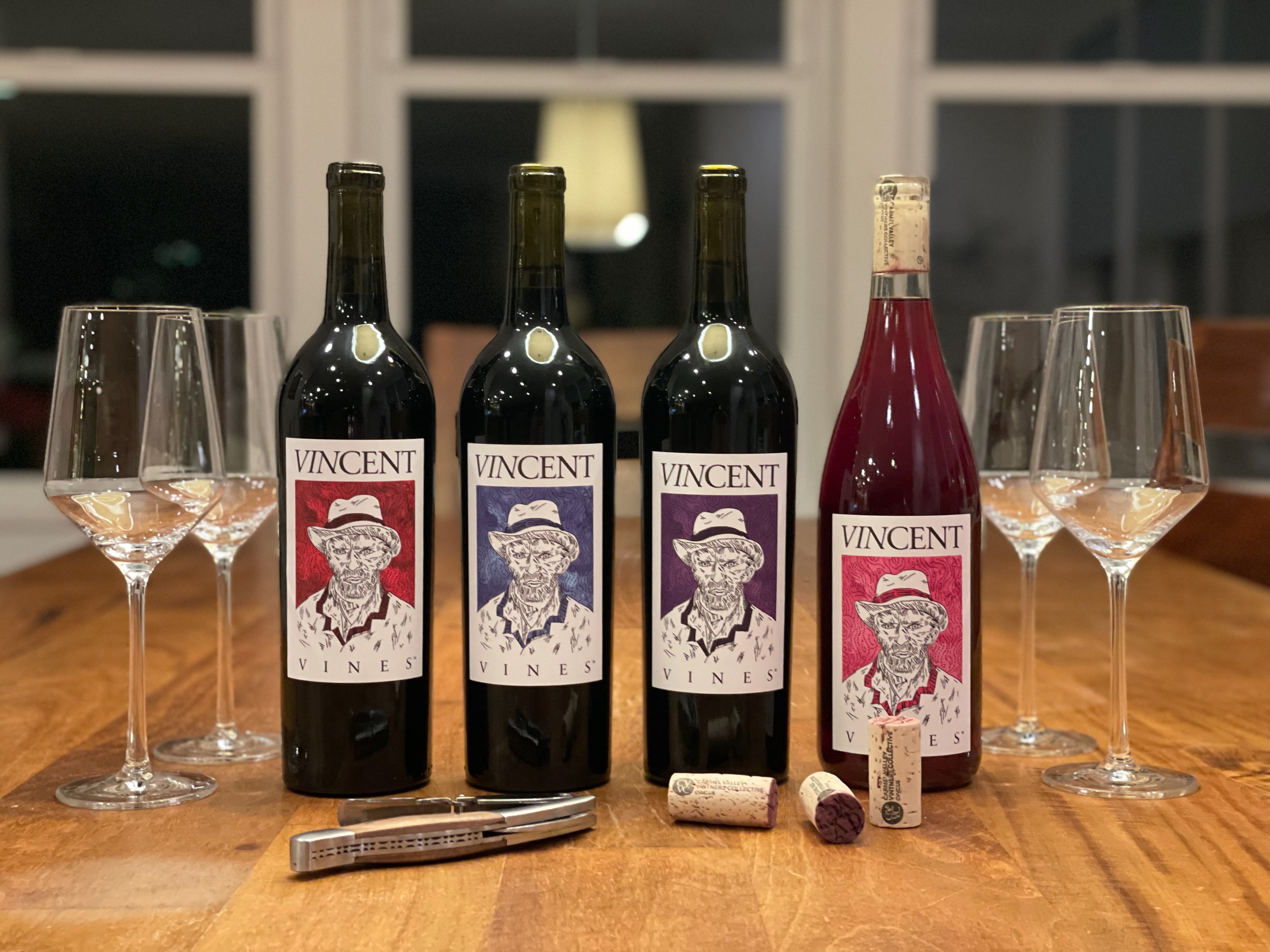 Our VINCENT VINES Estate Merlot, grown in the on-site vineyard, along with our Cabernet Sauvignon, Petite Sirah, and Rosé of Petite Sirah from neighboring vineyards. Guests 21+ can buy bottles from our self-service wine fridge in the garage.