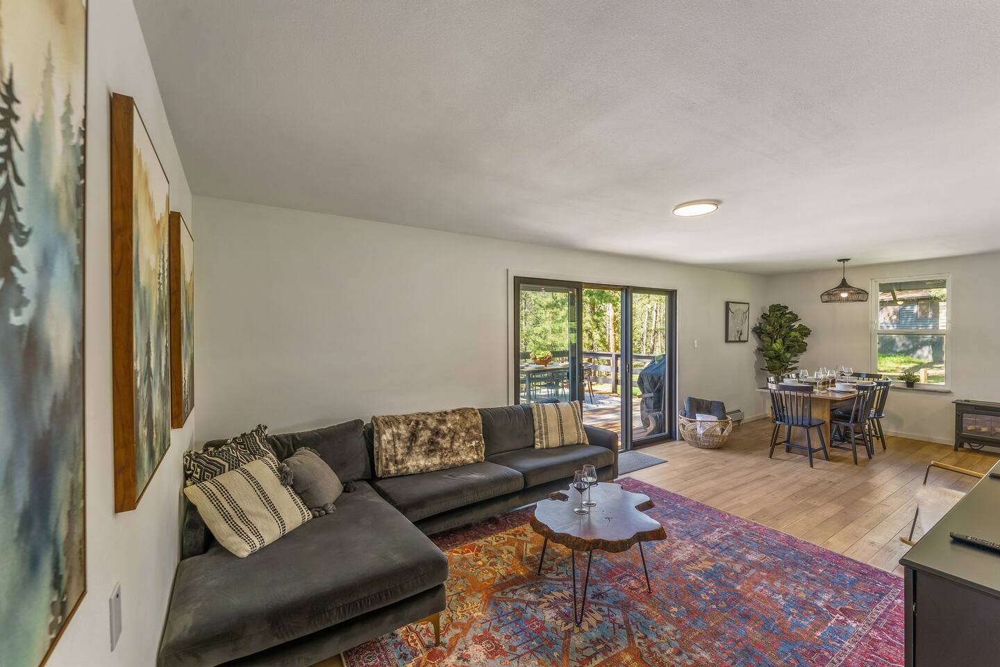 Living room with a dark sectional, a patterned rug and windows onto the trees