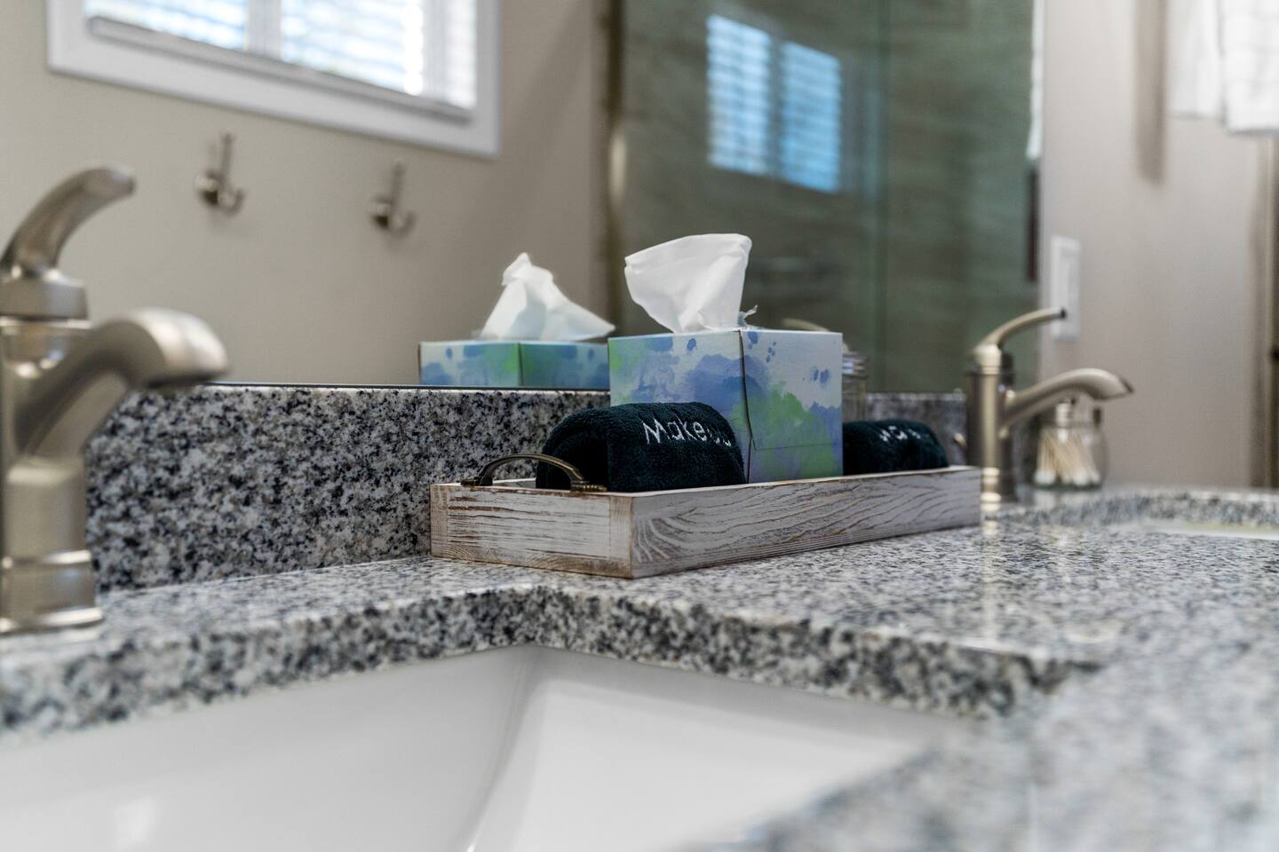 Makeup clothes and tissues in each bathroom.