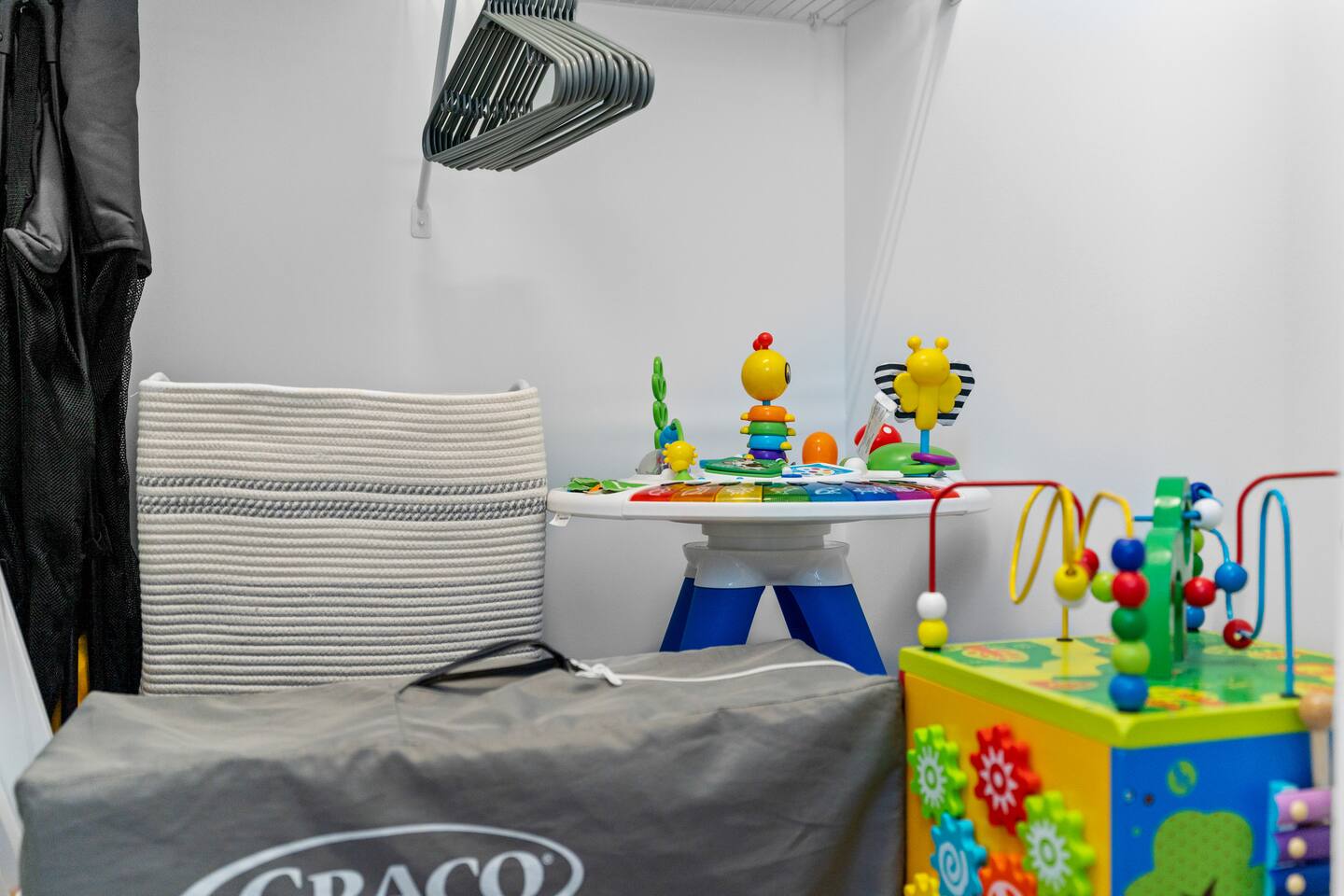 2nd Floor bedroom. 2x Full and 2x Twin sized beds. Closet full of kids toys, high chair, and pack and play. Office desk and chair. 43" TV