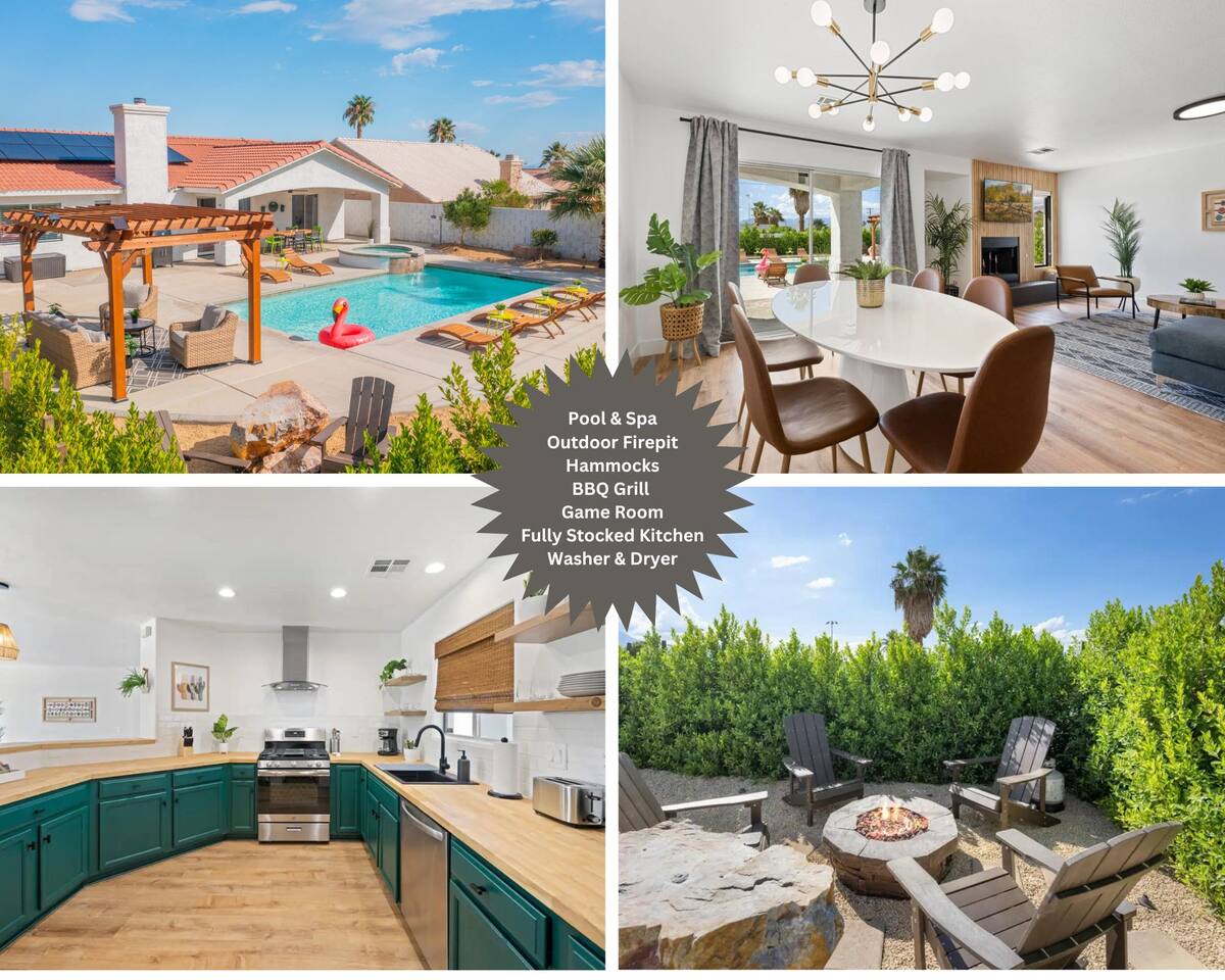 Desert Oasis : Home with Large Pool & Spa + Firepit + Game Room + Hammocks