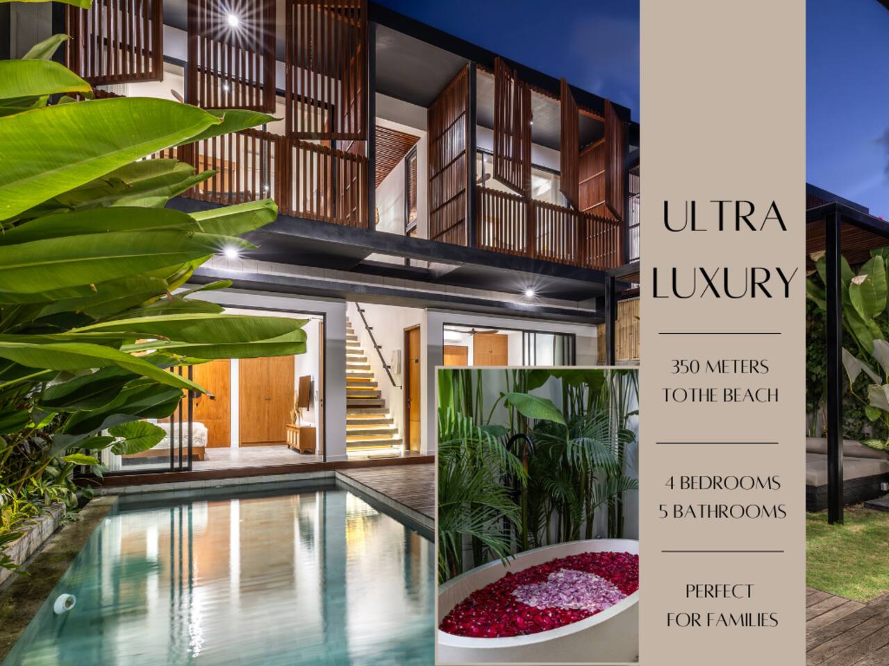 4BR NEW Luxe 350m to BEACH villa I KIDS stay free I Living panoramic windows I AC I 9 meters pool