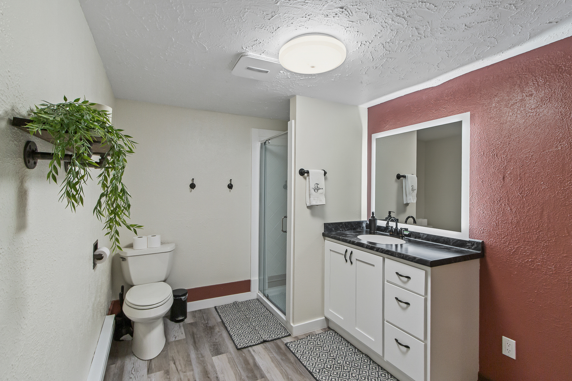 Spacious bathroom with walk-in shower and large vanity