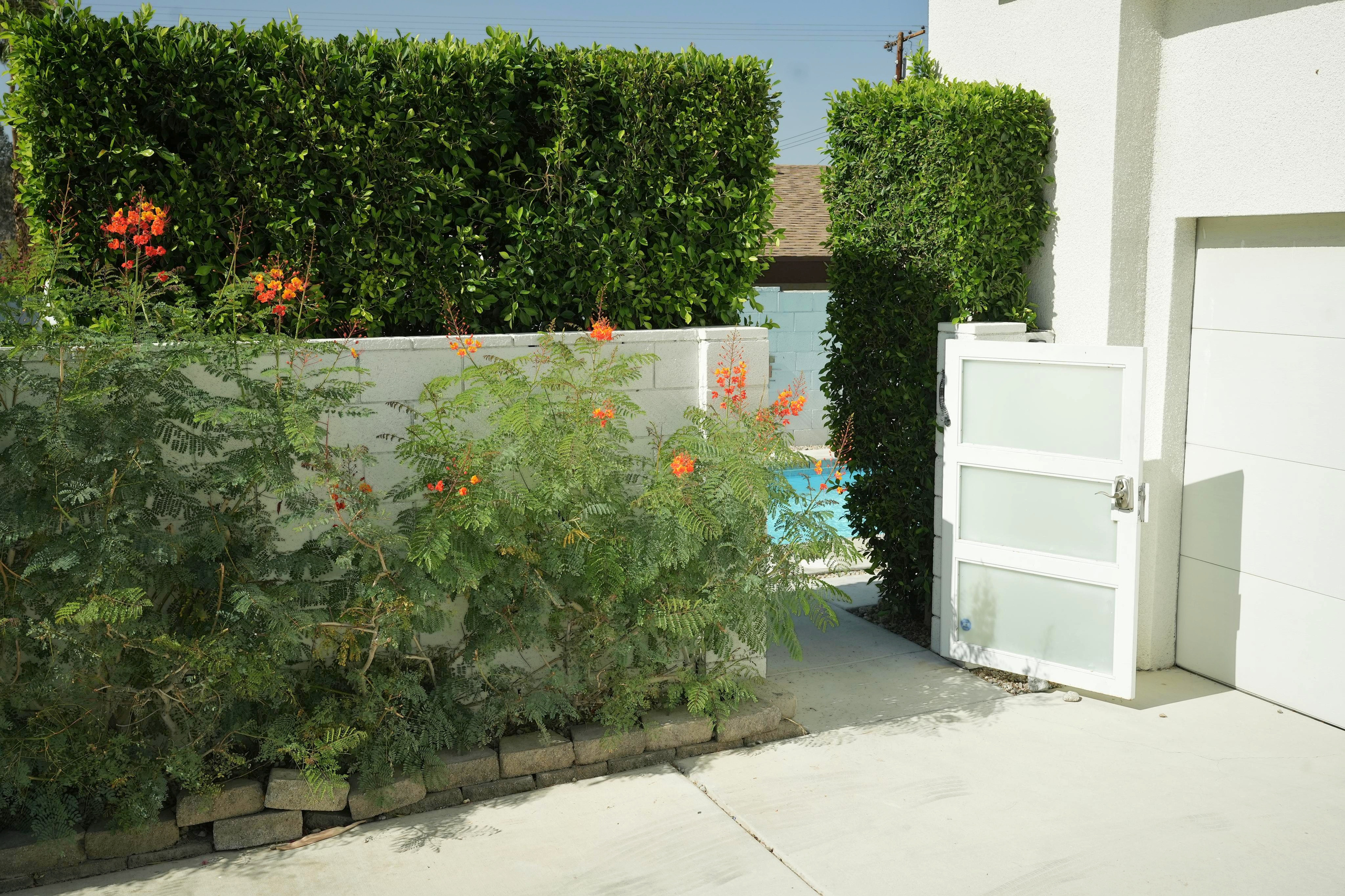 Private garden entry with lush landscaping and pool access