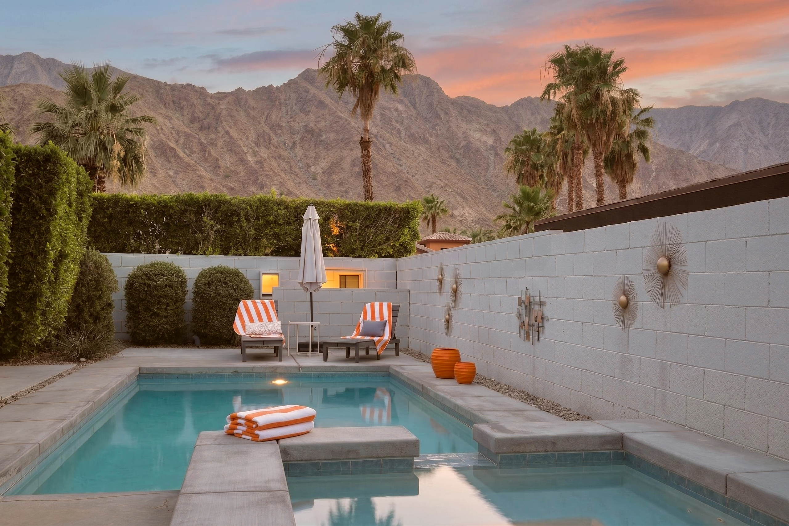 Private pool oasis with mountain views and stunning sunset skies