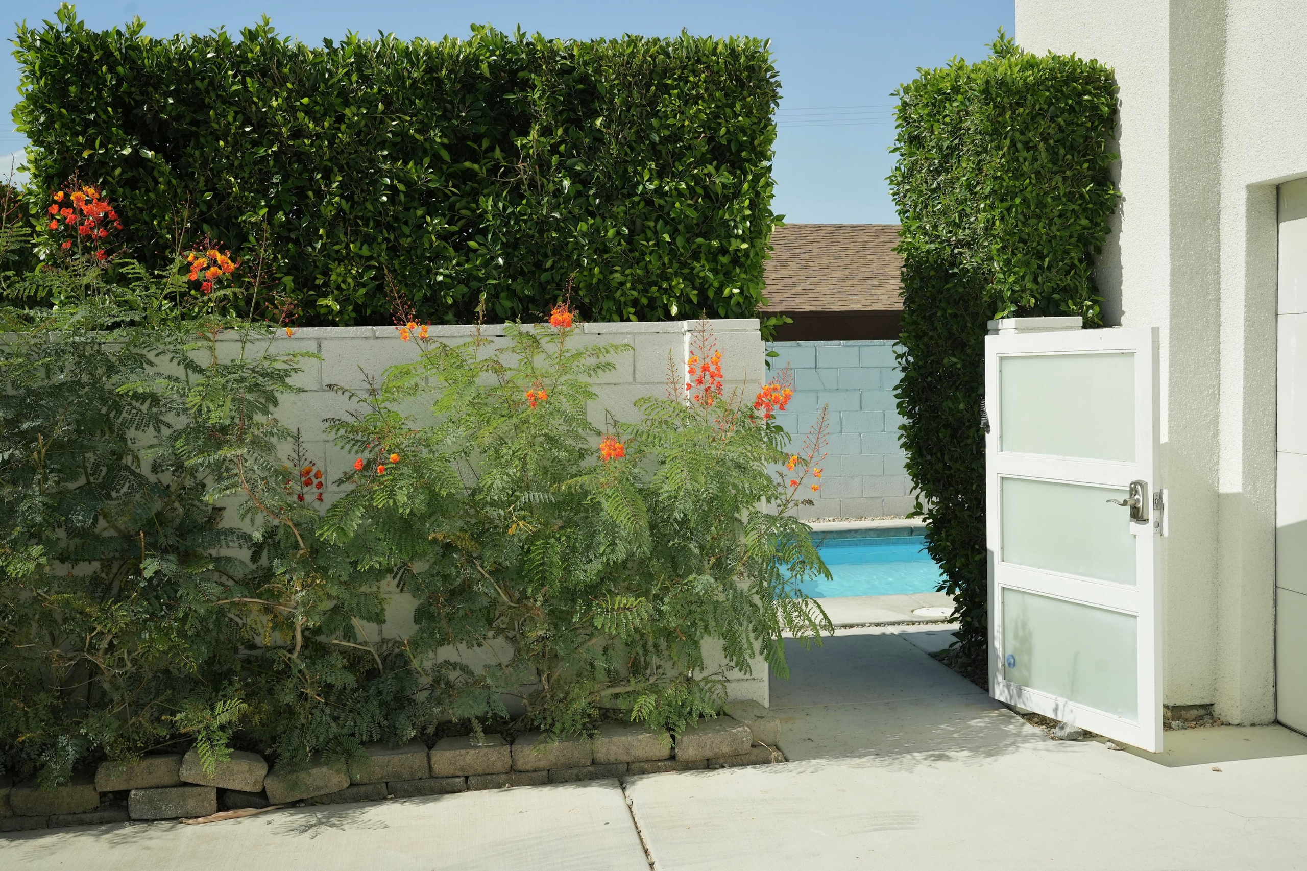 Private gated pool entry with lush landscaping and a serene resort feel