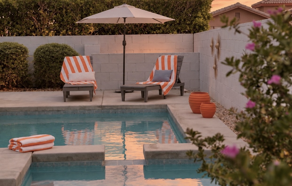 Private sunset pool oasis with loungers, umbrella, and serene backyard vibes