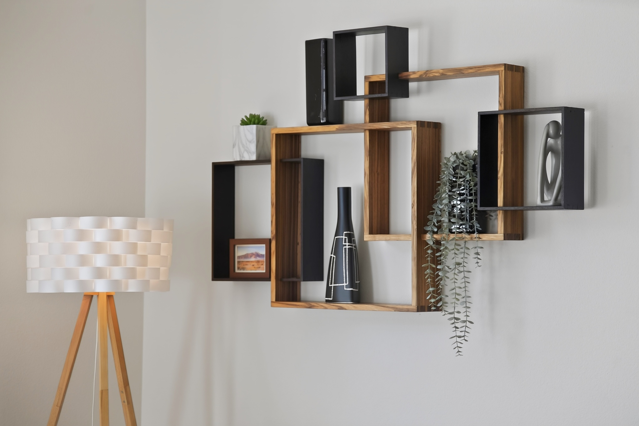 Modern geometric wall shelving with chic decor and warm ambient style