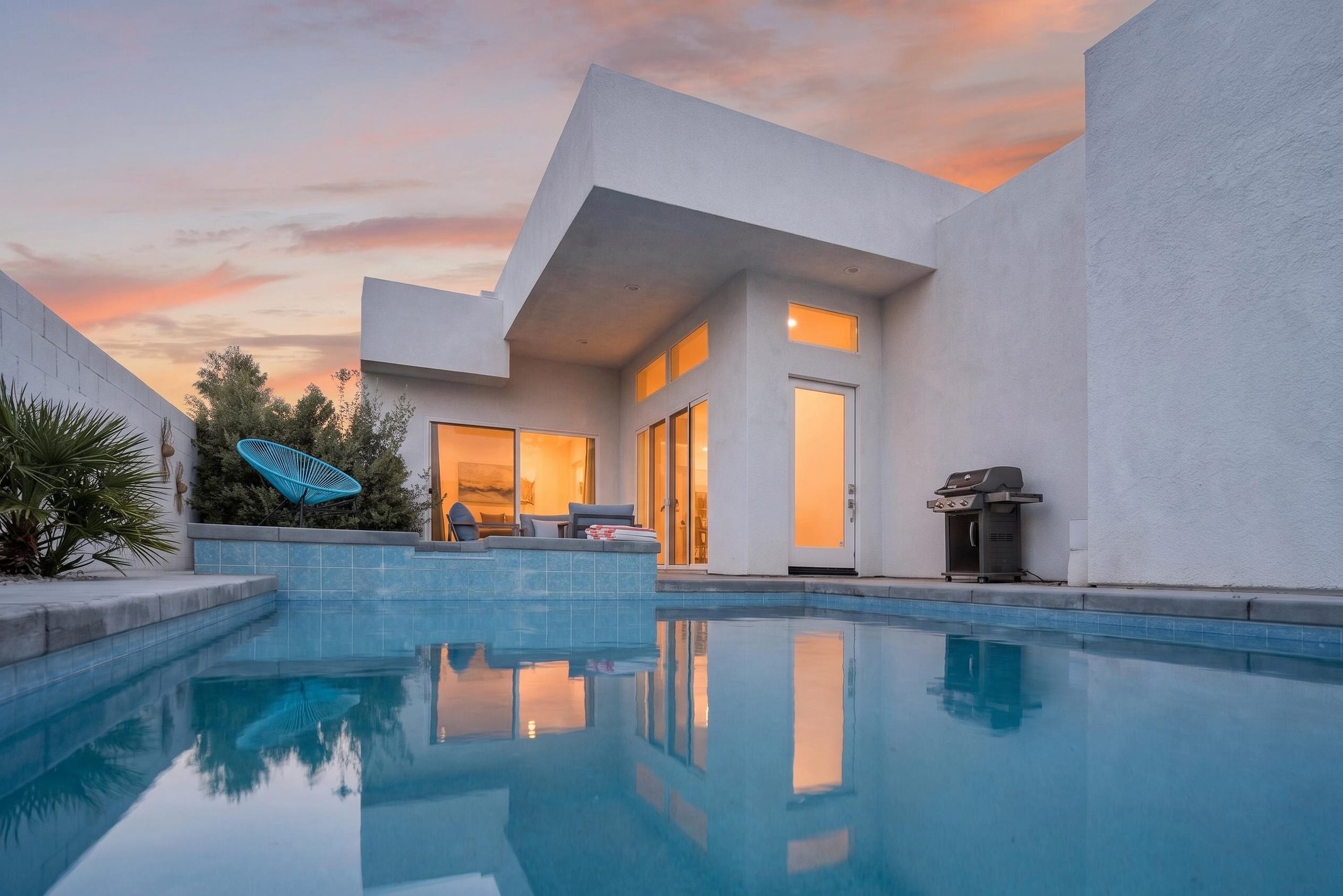 Modern desert retreat with private pool, sunset views, and outdoor grill