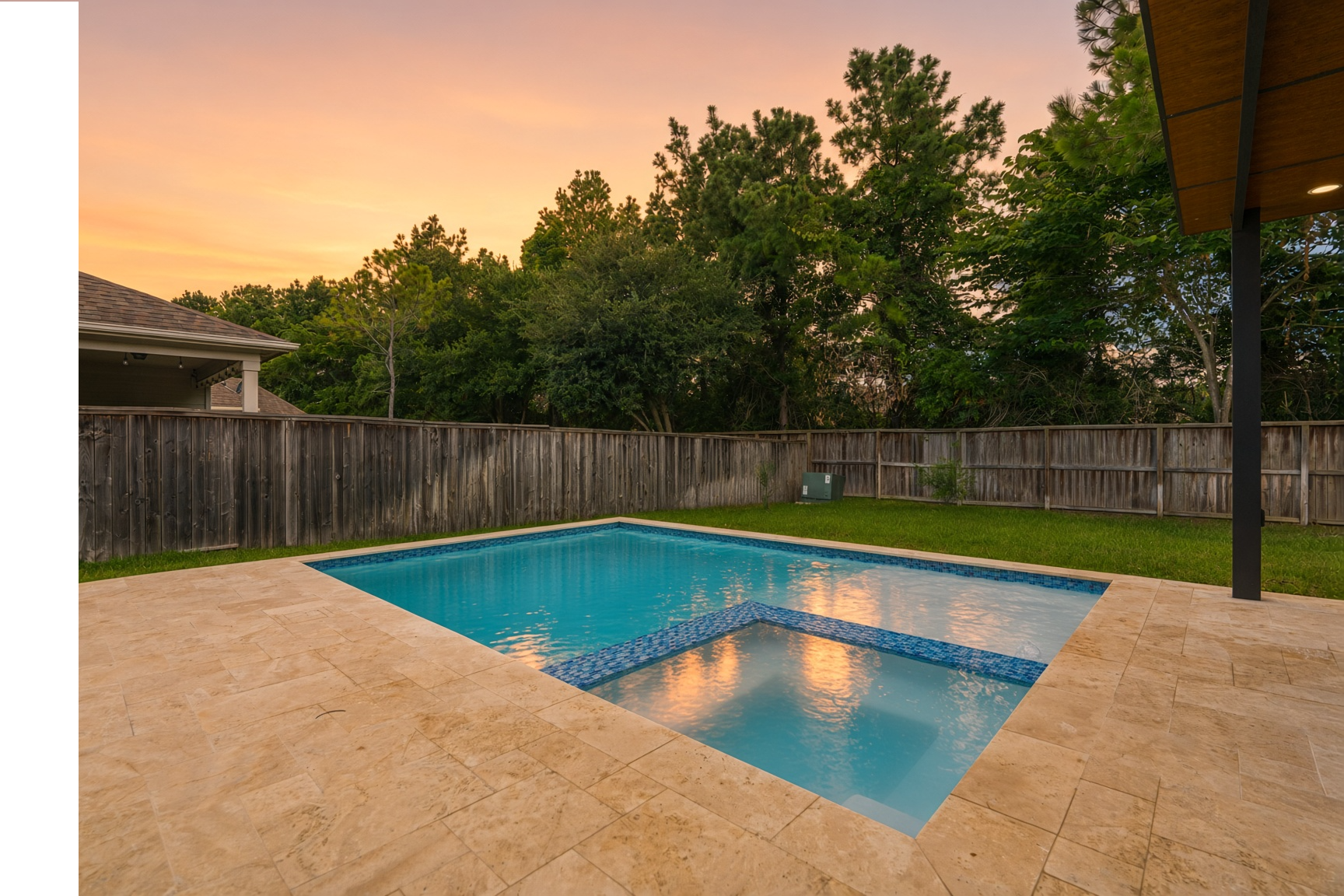 Private backyard pool with sunset views and a spacious patio retreat
