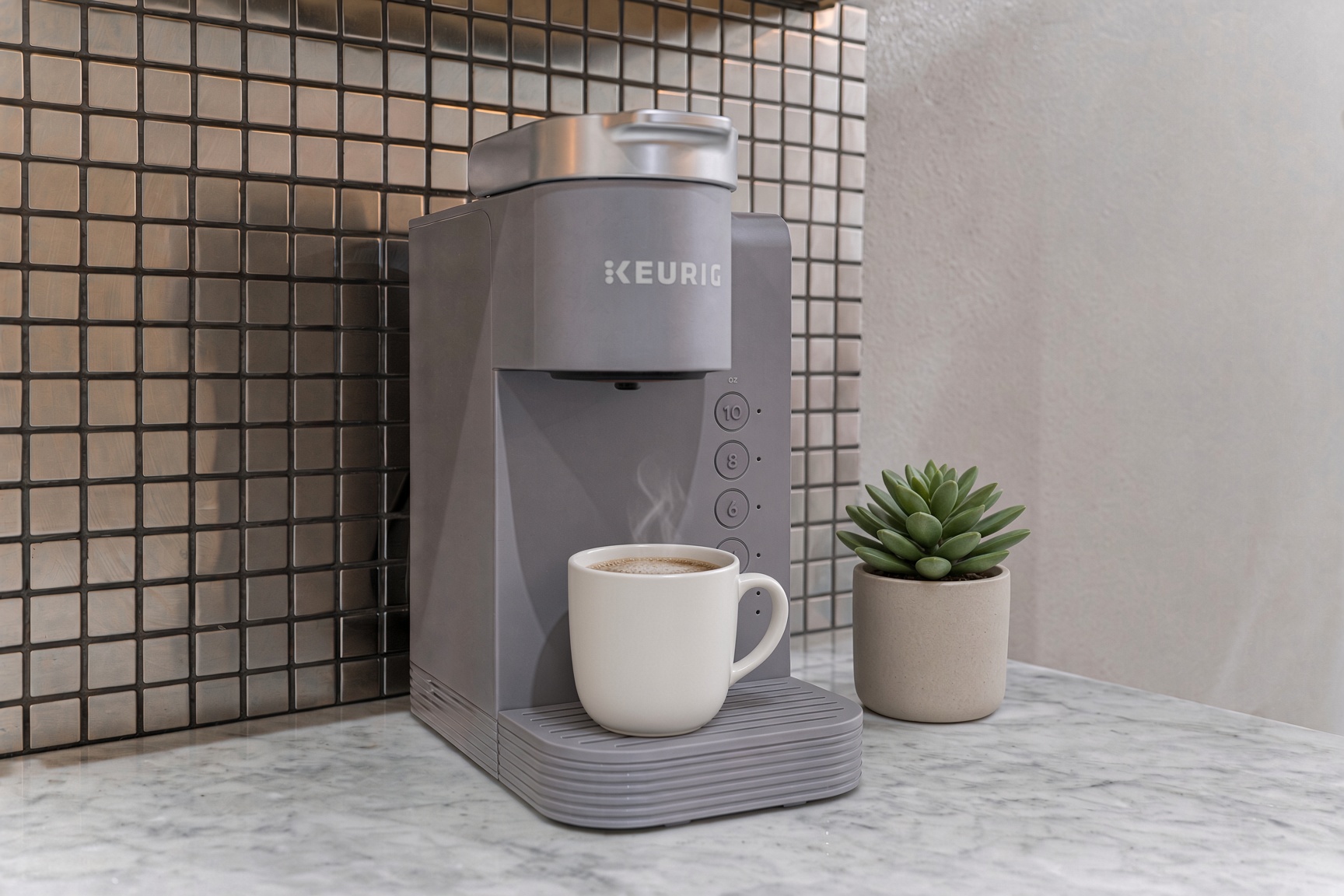 Keurig coffee maker and stylish countertop details