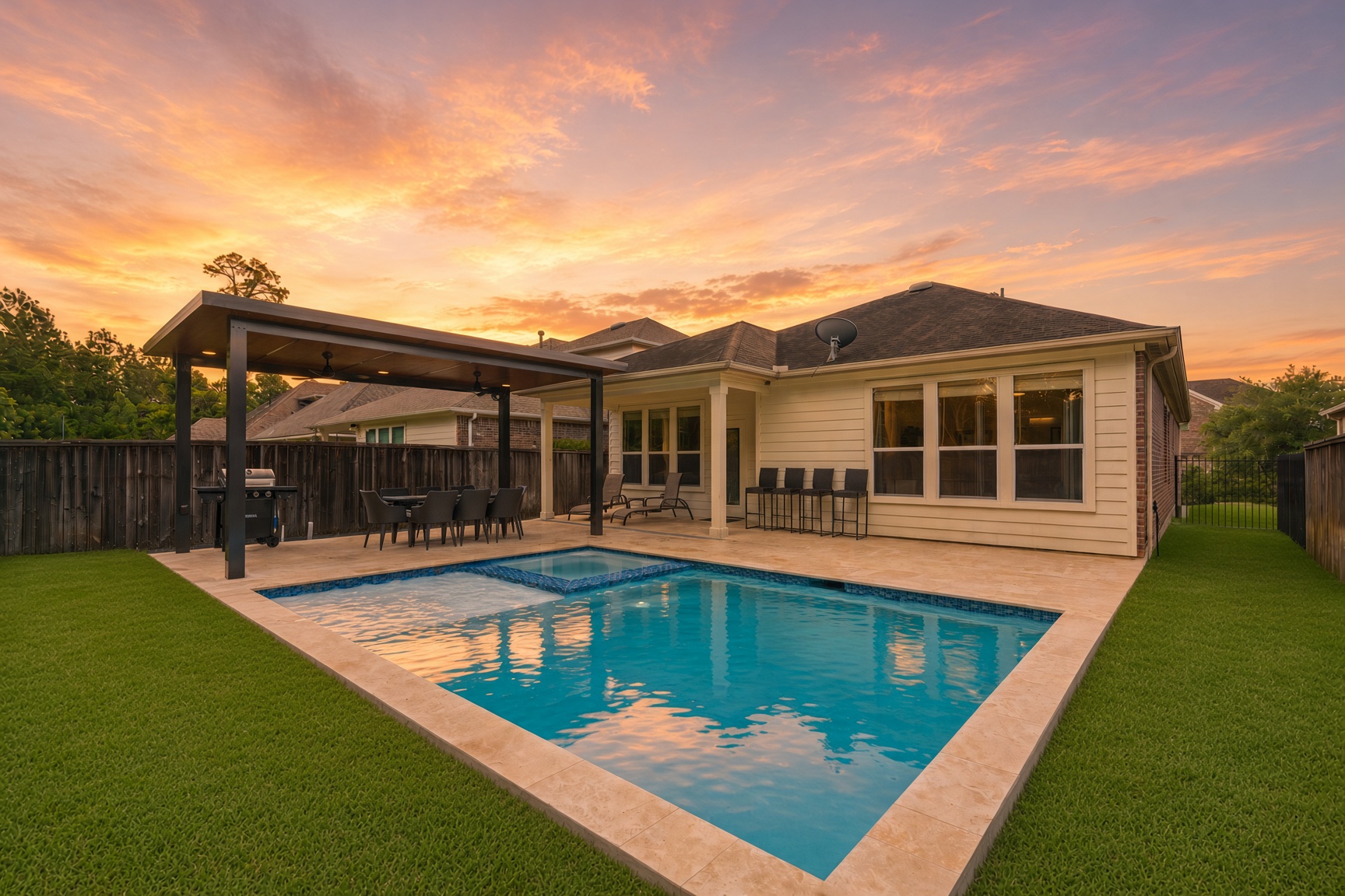 Private pool, spa & covered patio under a stunning sunset sky