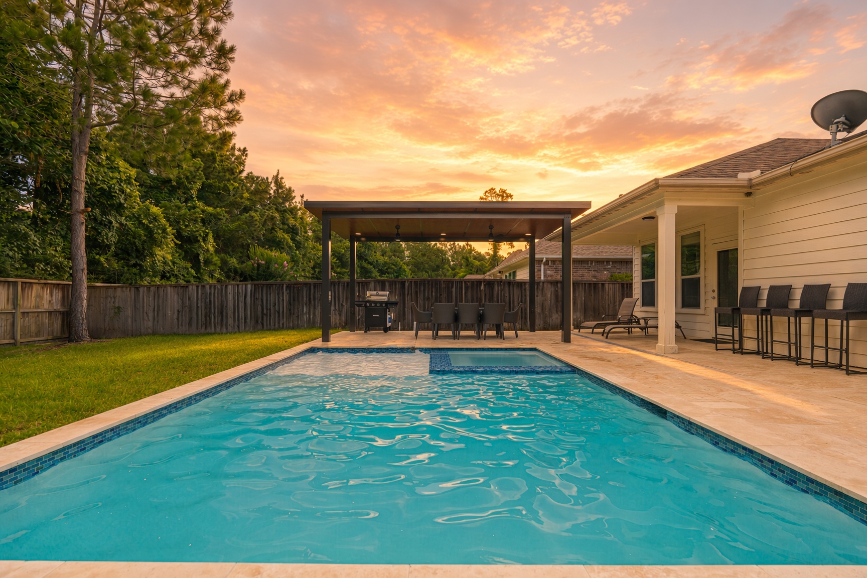 Private pool, spa & covered outdoor dining under a stunning sunset
