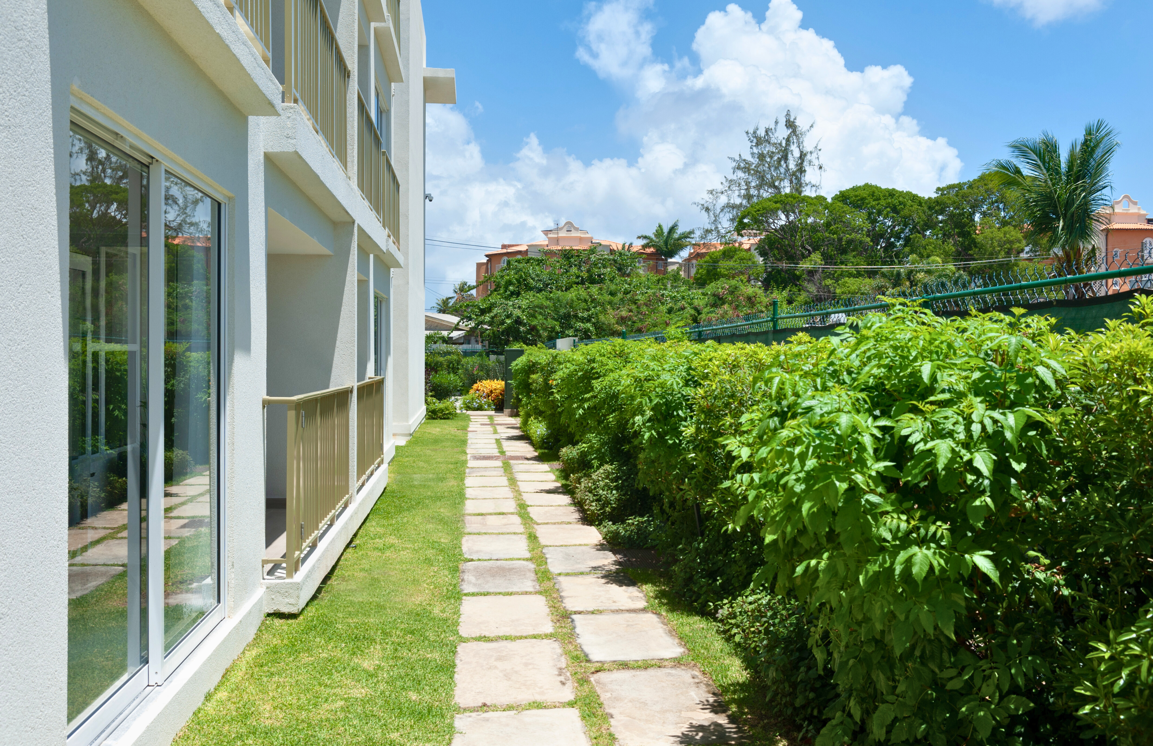 Private garden path with lush hedges and bright tropical outdoor charm