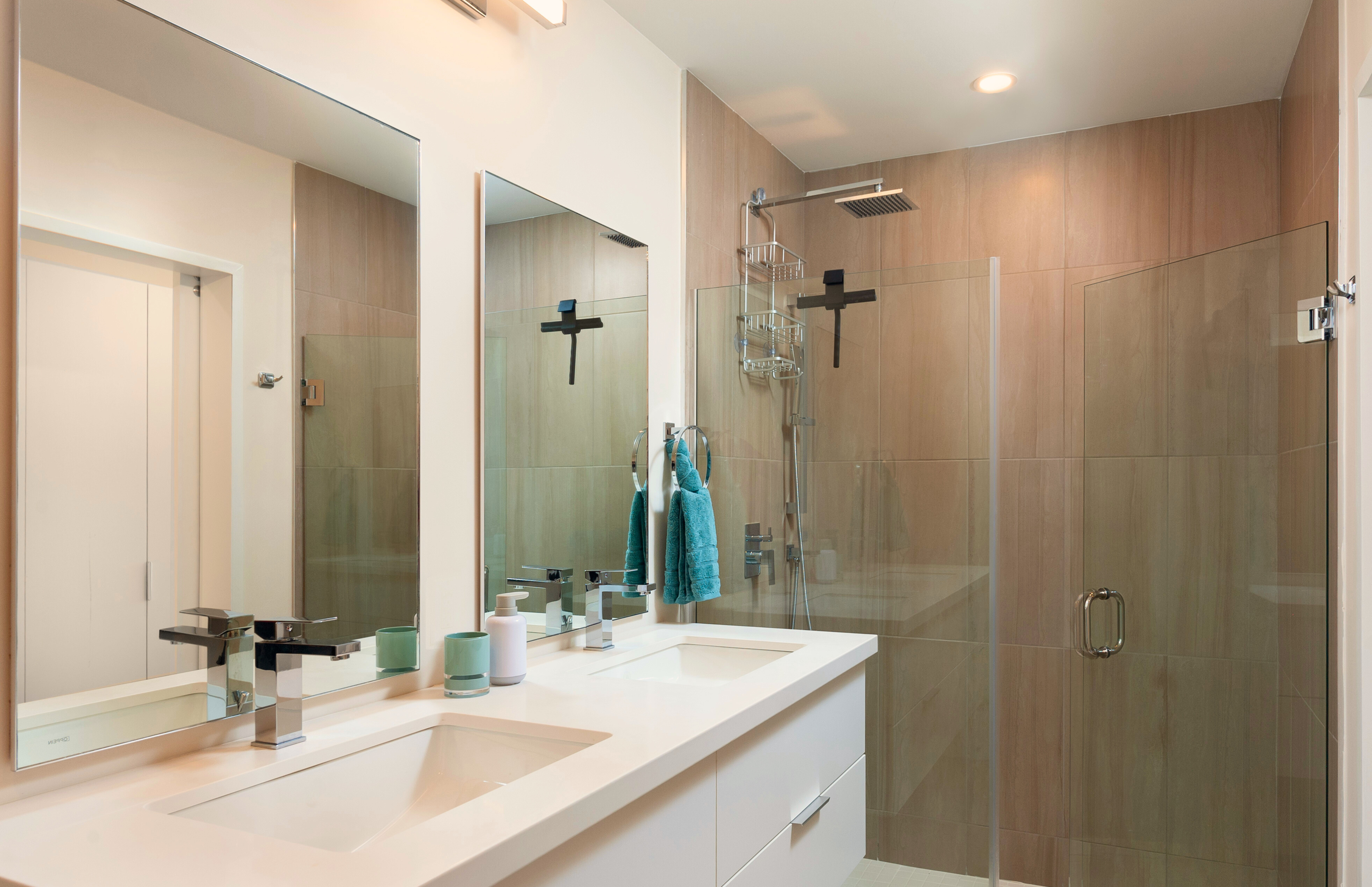 Modern spa-style bathroom with glass shower and sleek vanity