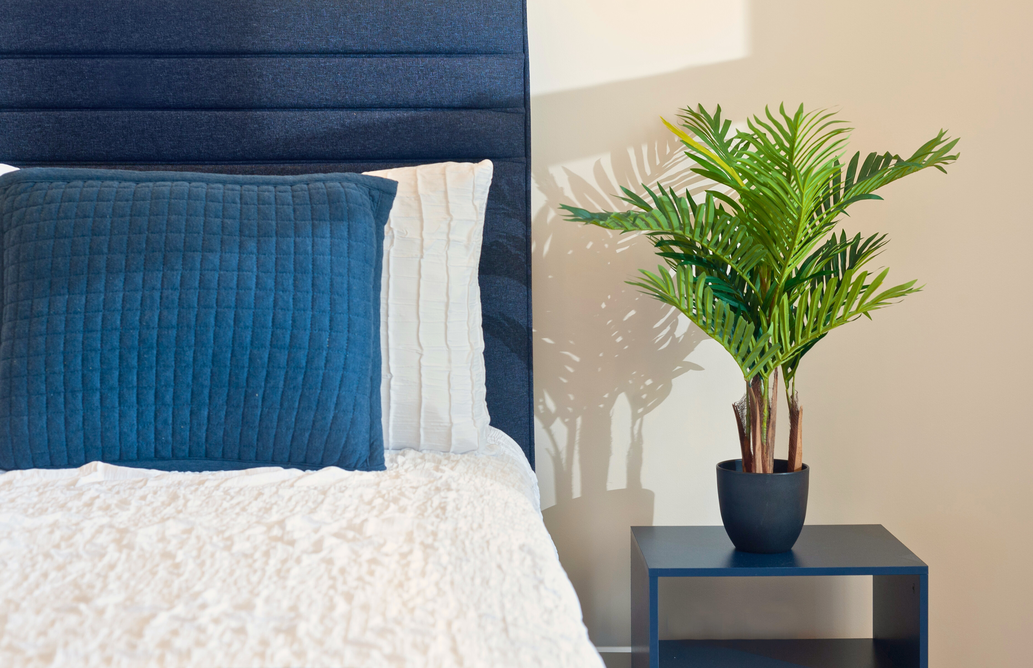 Cozy modern bedroom with plush bedding and stylish designer touches