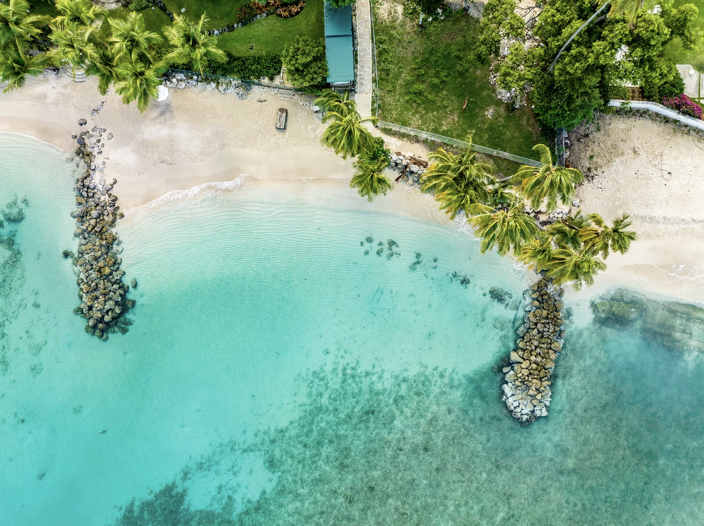 Private palm-lined beach with calm turquoise waters