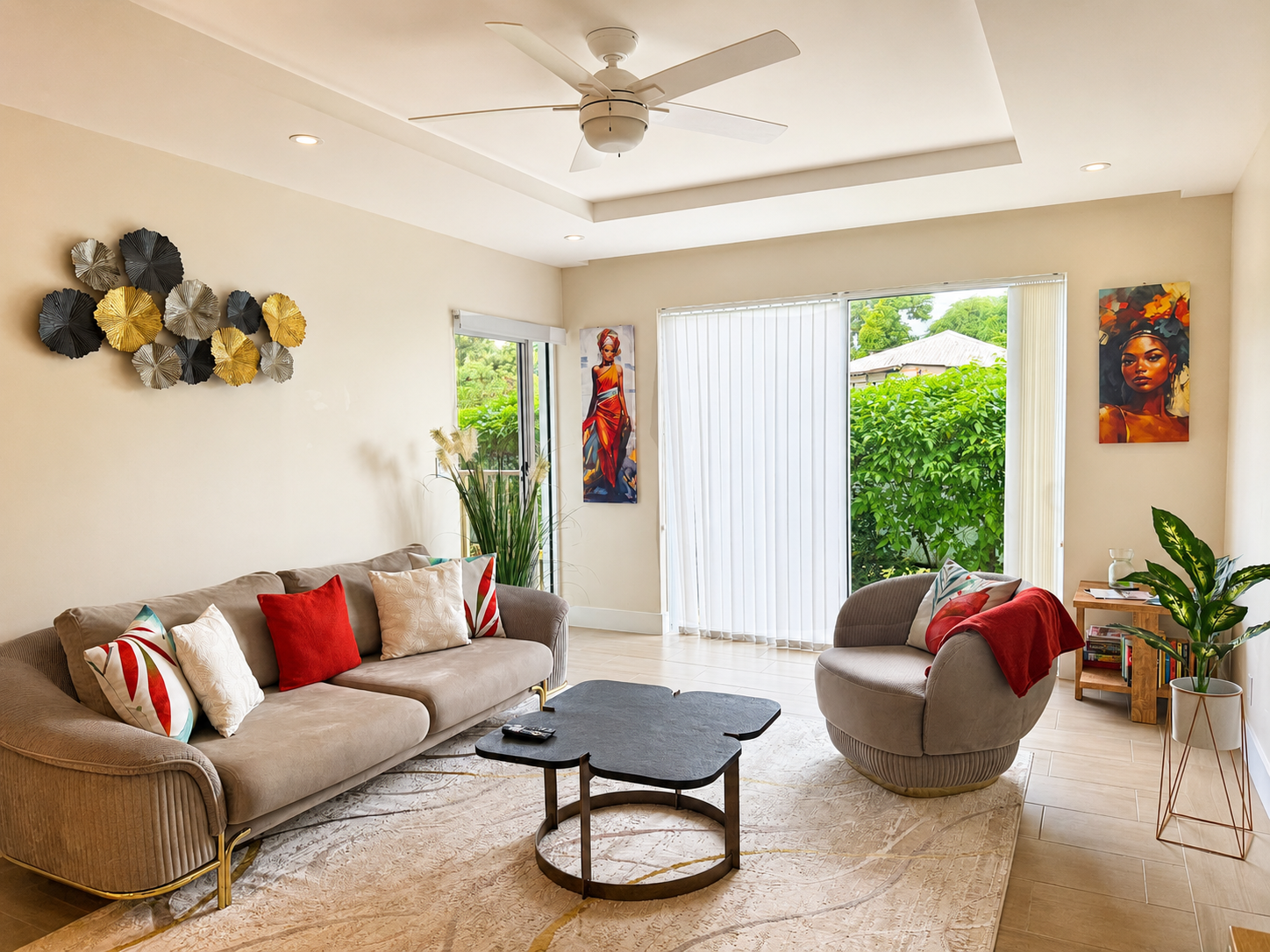 Bright, stylish living room with garden views and abundant natural light