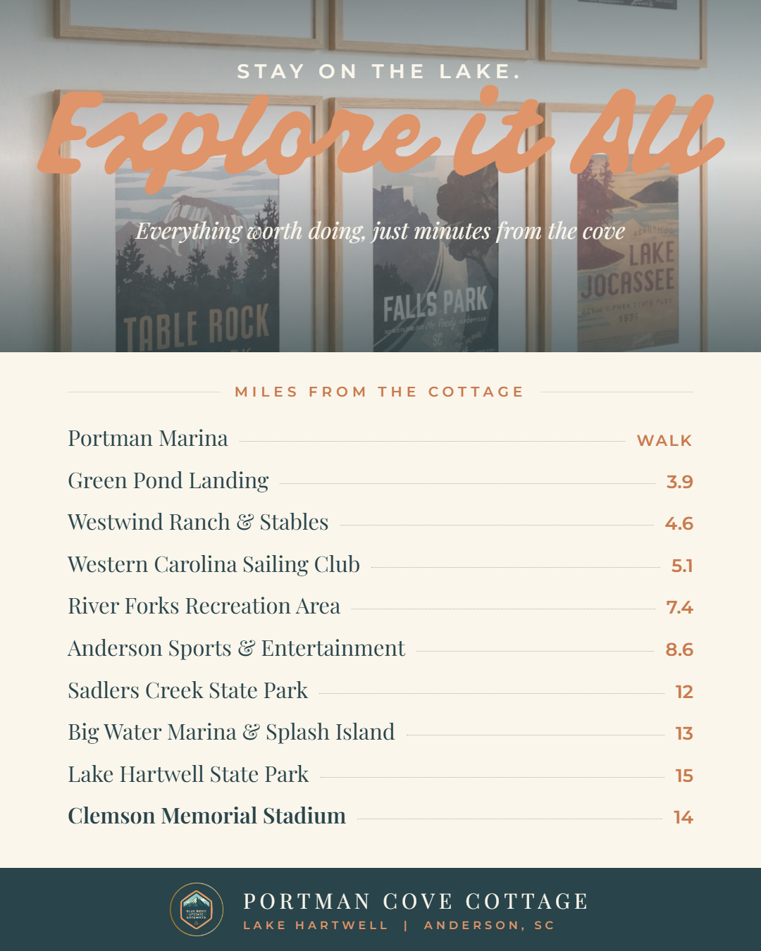 Close to Lake Hartwell marinas, parks, Clemson, and outdoor adventure