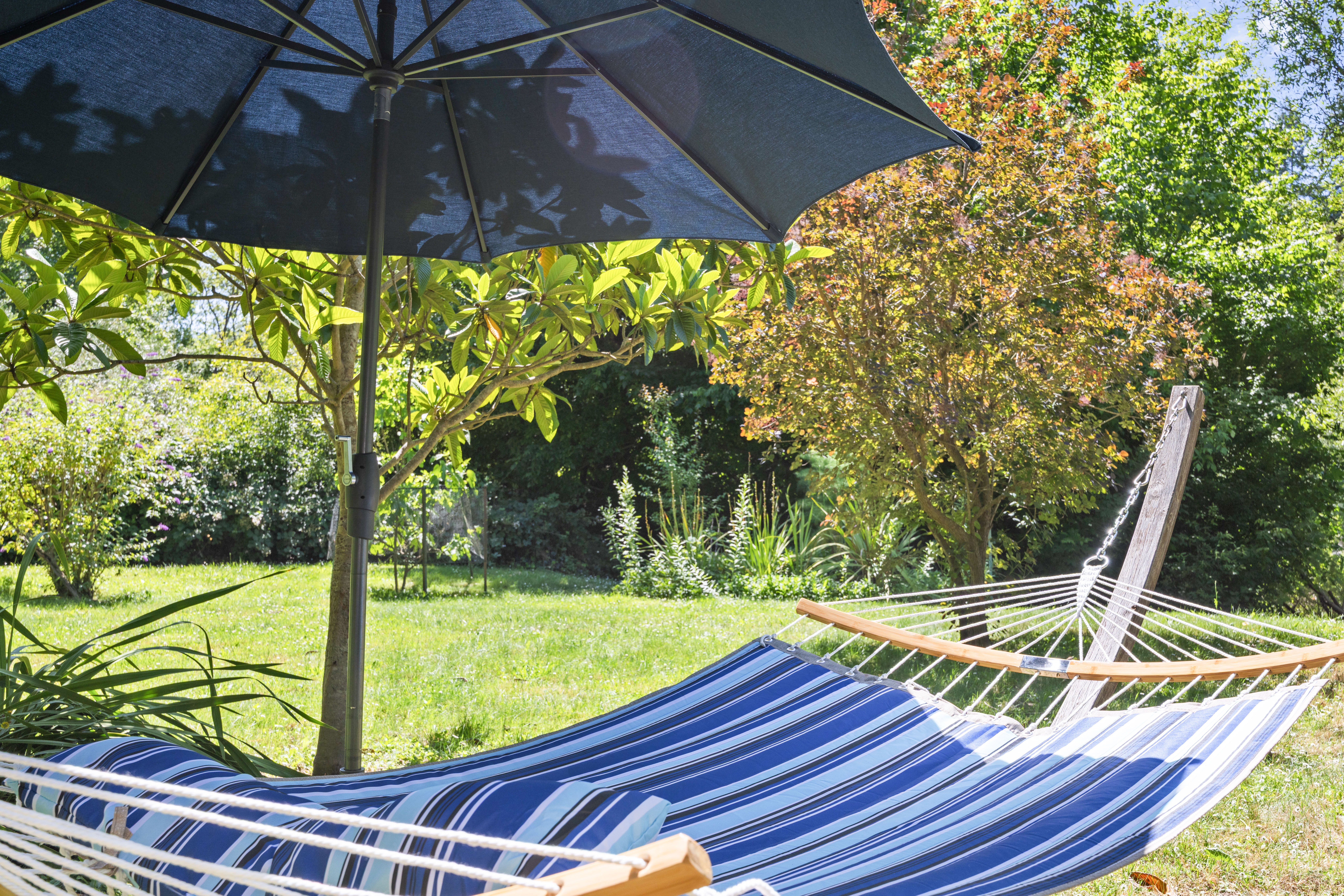 Shaded garden hammock surrounded by lush greenery for peaceful outdoor lounging