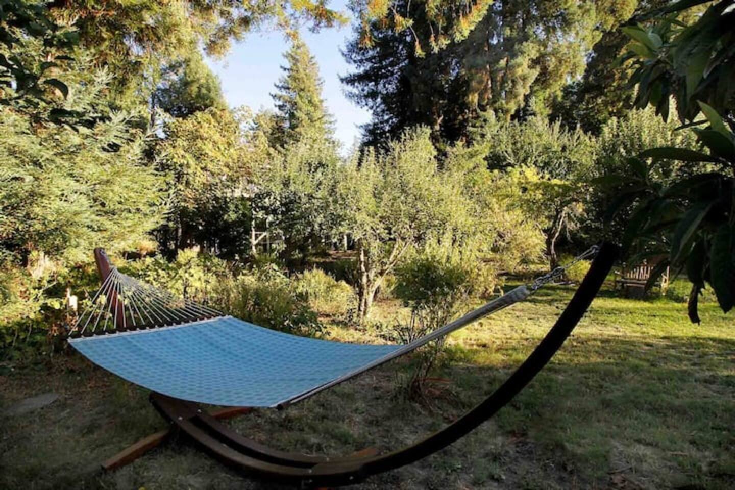Swing gently in the hammock, surrounded by the lush greenery of the garden—an ideal spot for a quiet nap or a good book. 