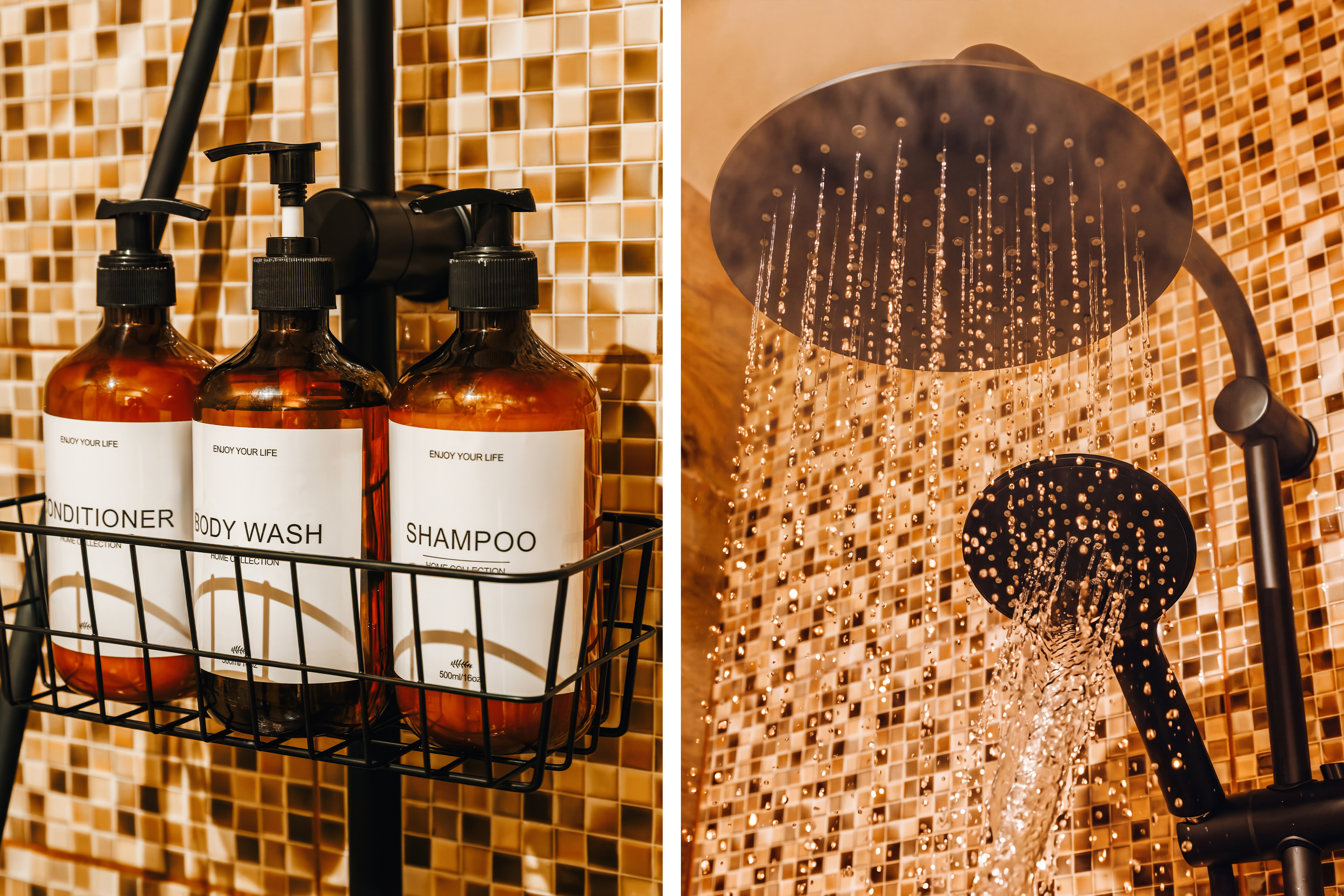 Spa-style shower with rainfall head, luxe tile, and premium bath amenities