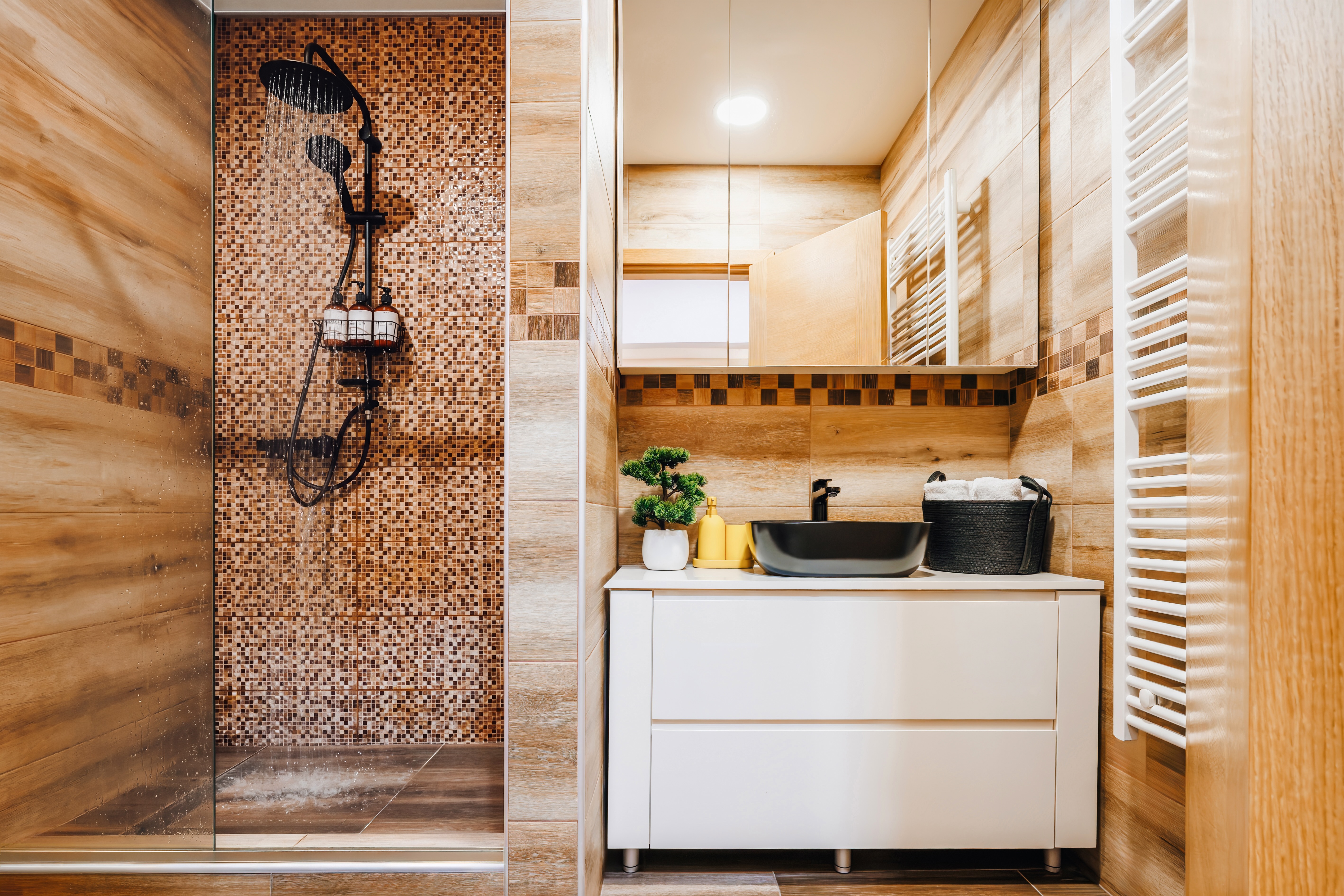 Modern spa-style bathroom with walk-in shower and sleek designer finishes
