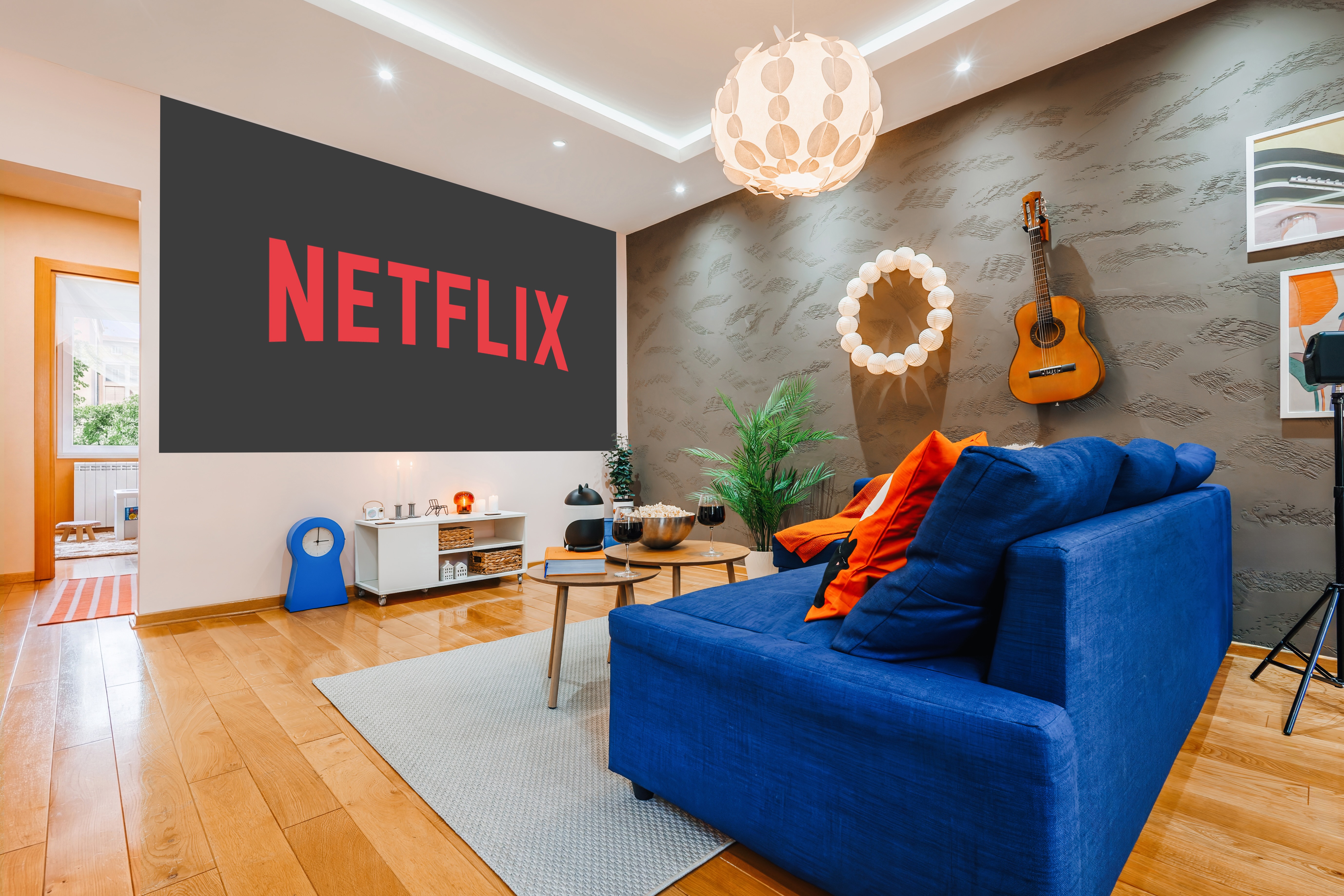 Stylish lounge with Netflix, bold decor, and a cozy modern vibe