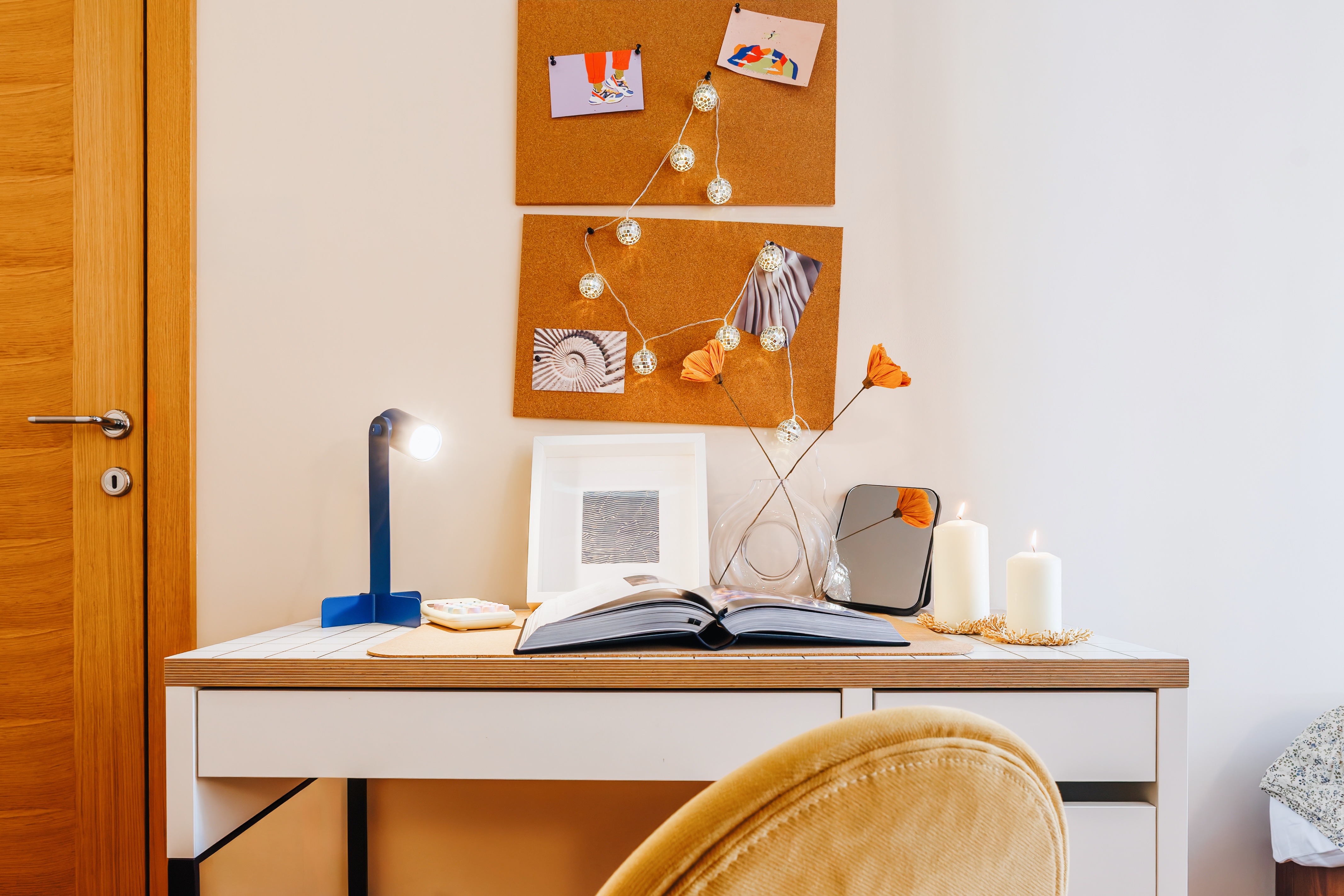 Cozy workspace with stylish decor and warm ambient touches