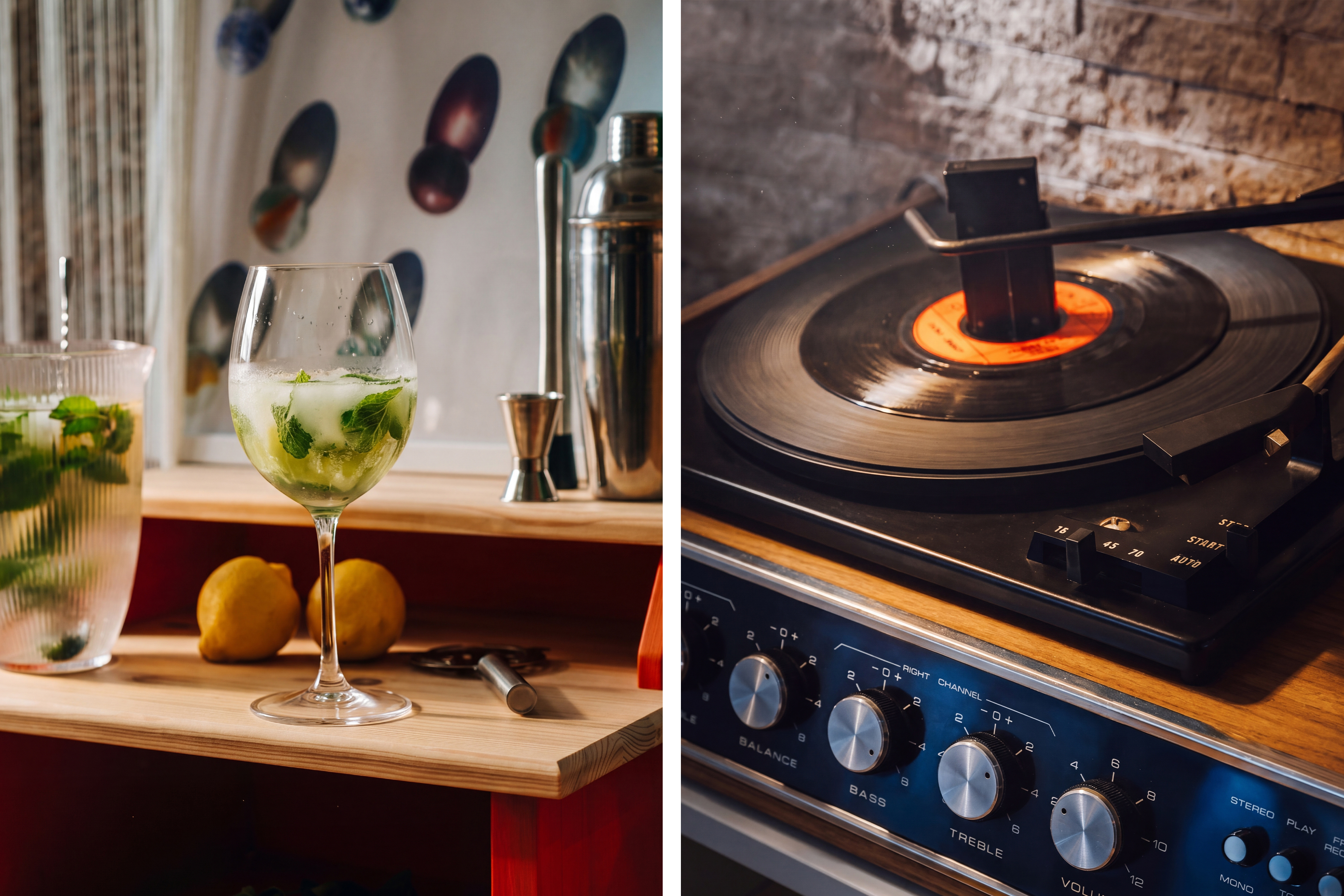 Retro record player and cocktail setup for a cozy, stylish stay