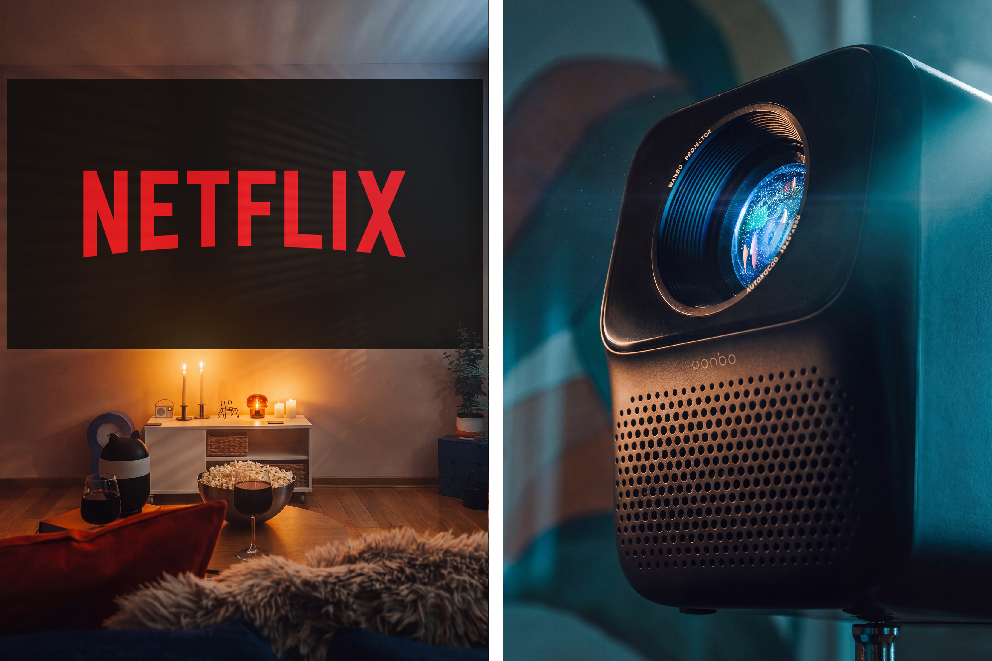 Cozy movie-night setup with projector, Netflix, and warm ambient lighting