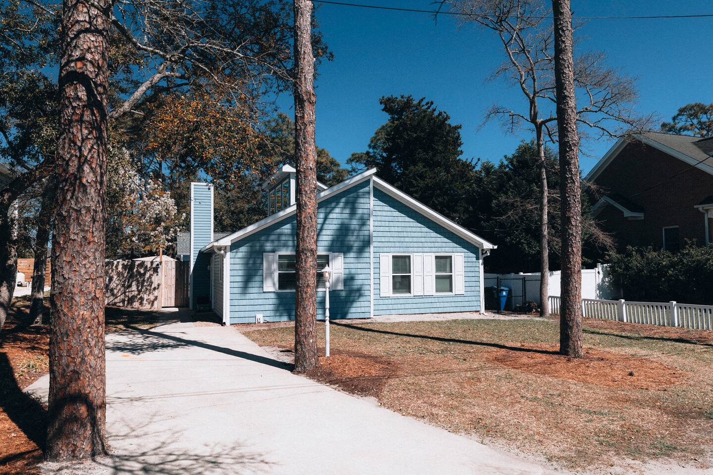 The blue shingled house from the driveway, framed by tall pines