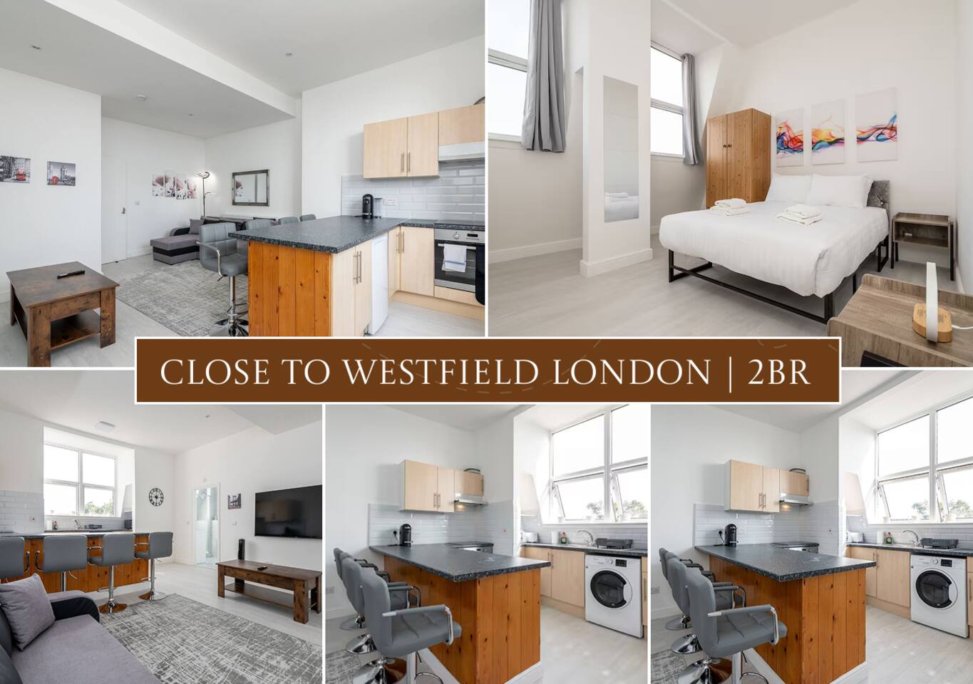 Bright London apt by Westfield: open-plan, washer, big TV, breakfast bar