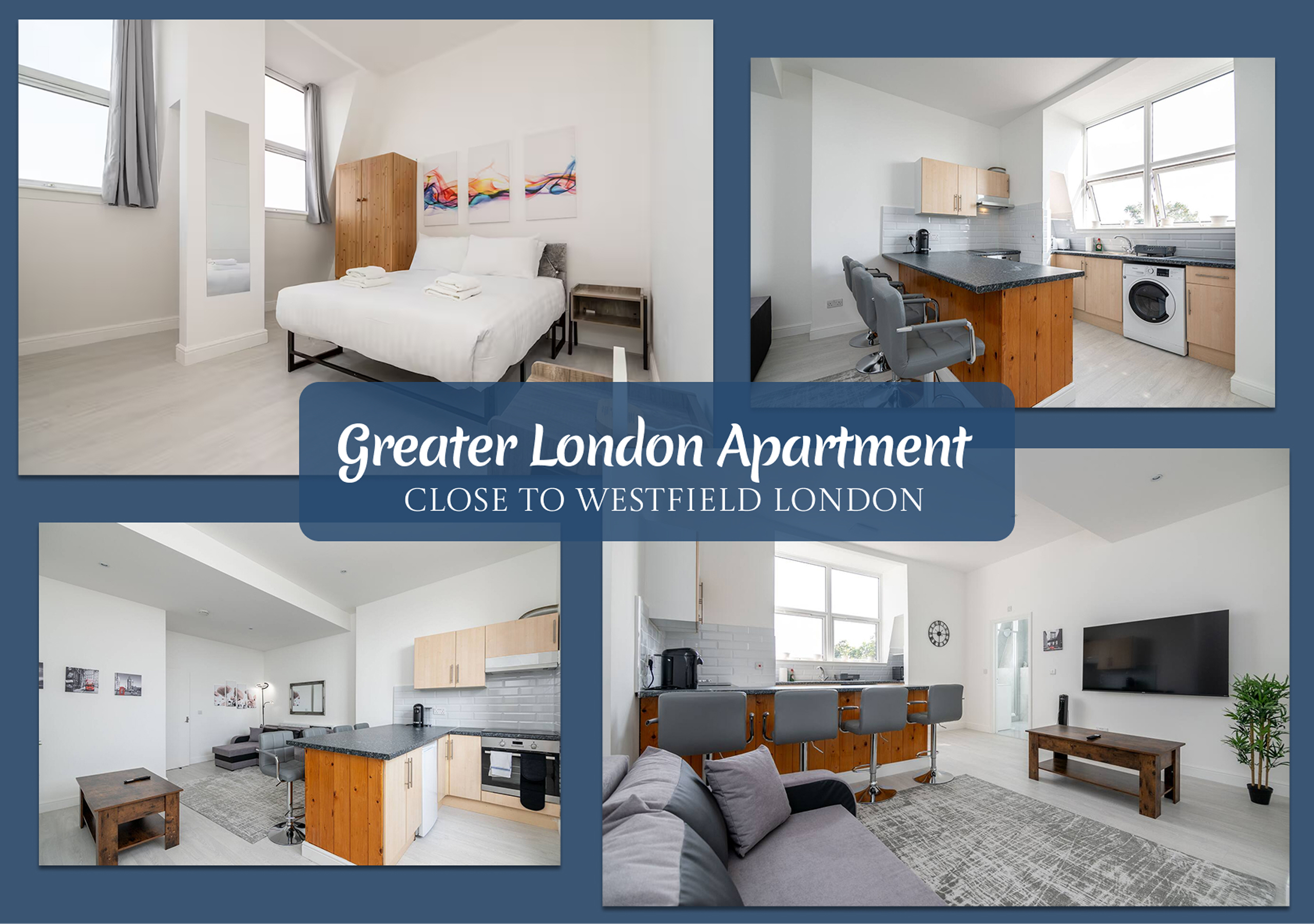 Bright London apt by Westfield: open-plan, washer, big TV, breakfast bar