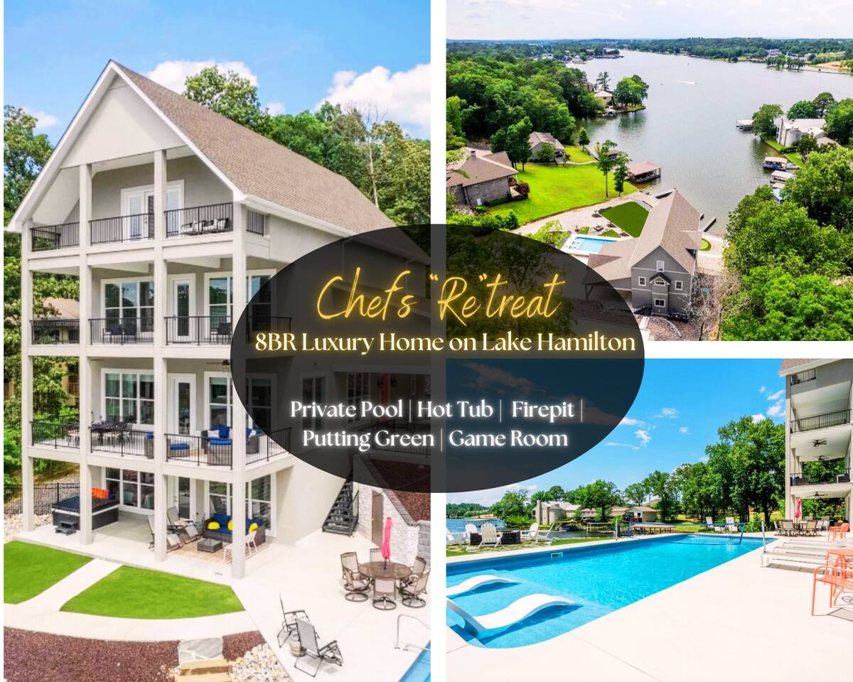 "Chef's Retreat @ 604 Bayshore" | Luxury Lakefront Home On Lake Hamilton*Private Pool &  Hot Tub*Firepit*Boat Slip*Game Room*Putting Green*Sleeps 26