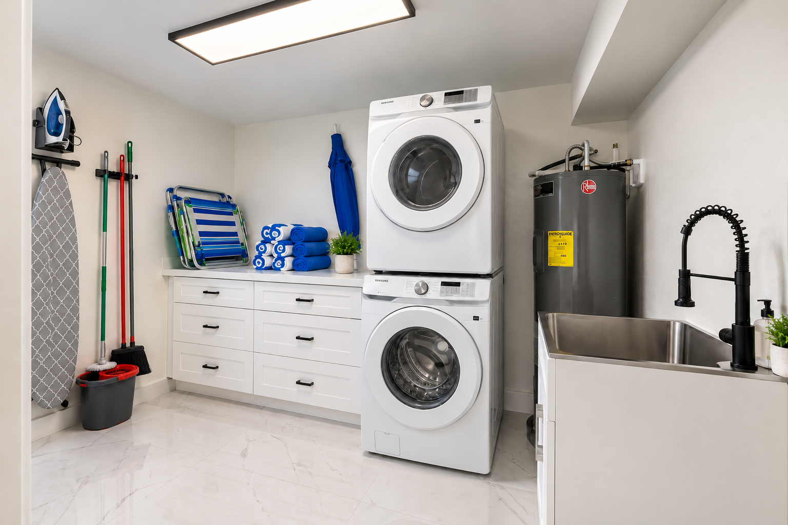 Bright, well-equipped laundry room with storage, utility sink & beach gear