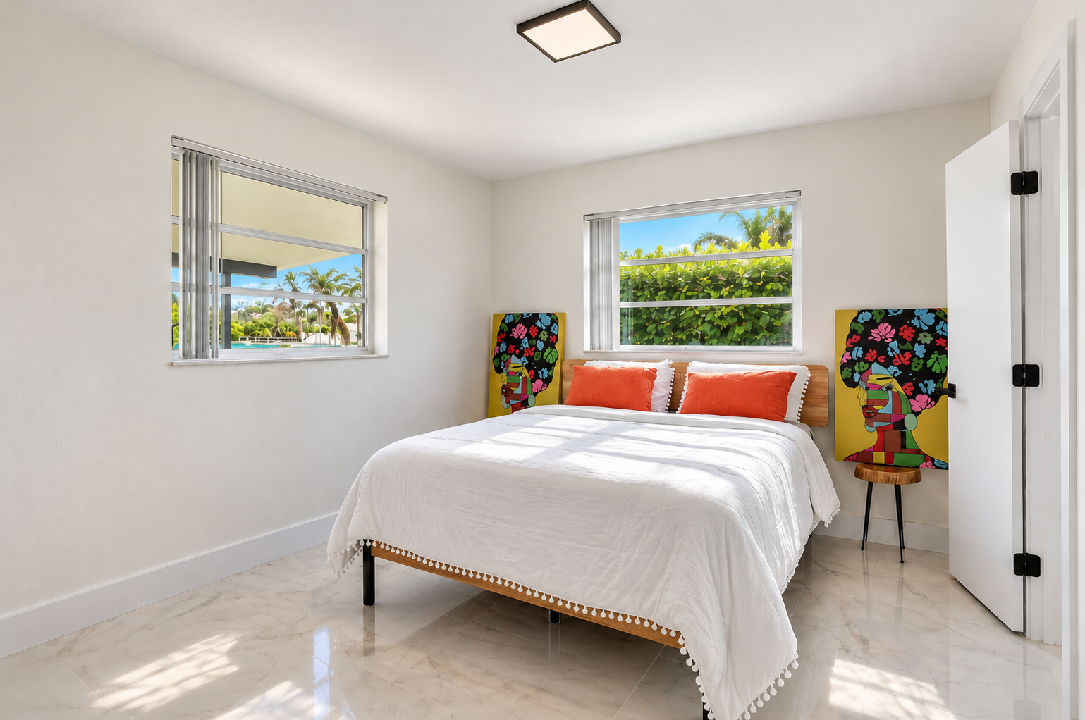 Bright tropical bedroom with garden views and vibrant modern artwork