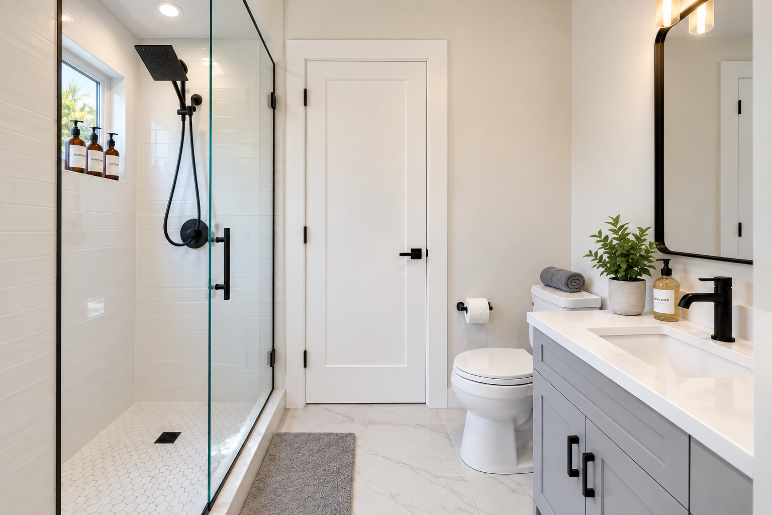 Bright modern bathroom with walk-in glass shower and sleek finishes