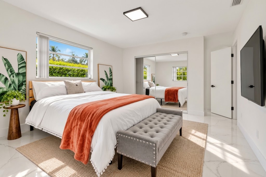 Bright, stylish bedroom with natural light and a spacious, relaxing feel